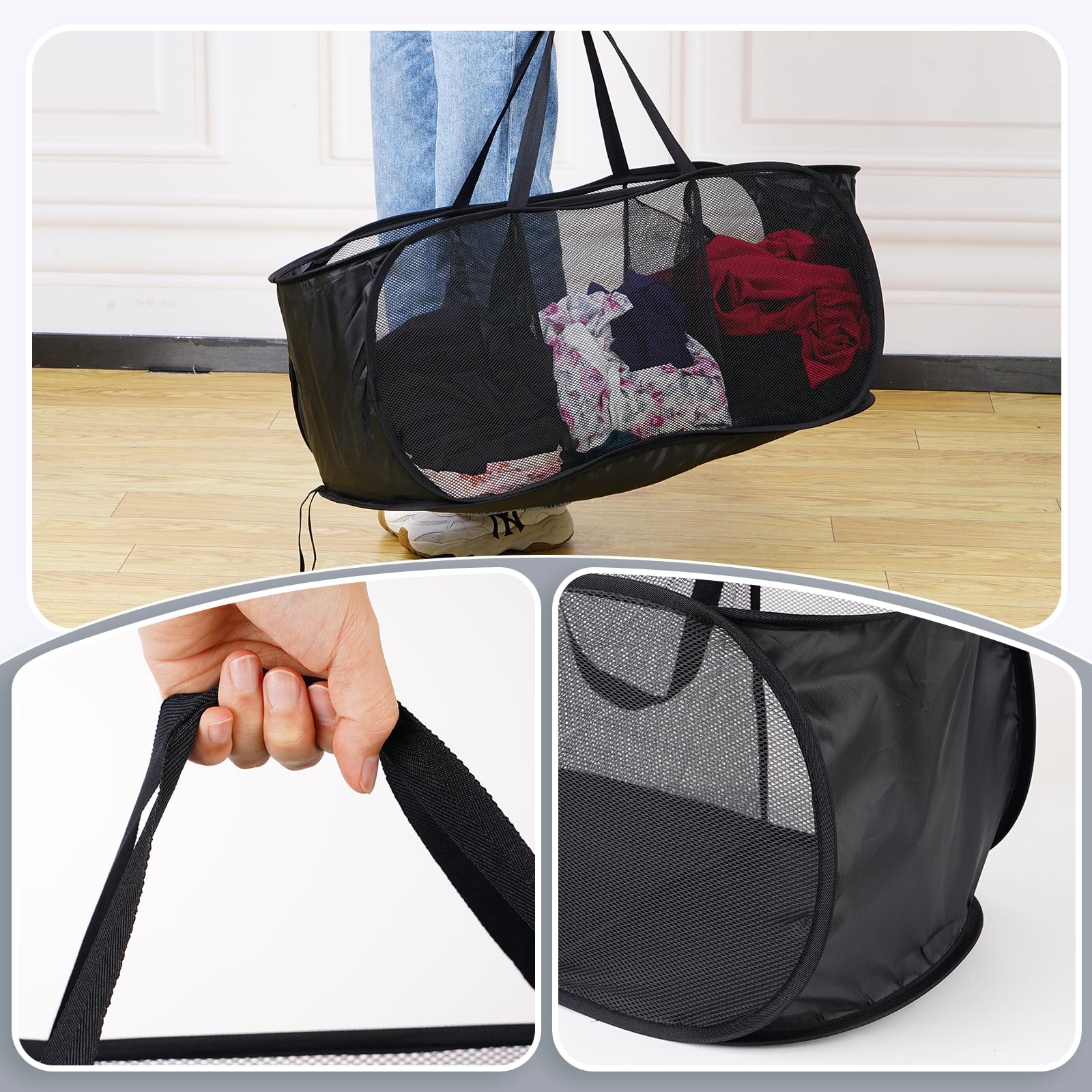 2 Pack Mesh Pop Up Laundry Hamper, 3 Compartments Collapsible Mesh Laundry Baskets, Popup Hamper For Cruise, Travel, Bathroom, K