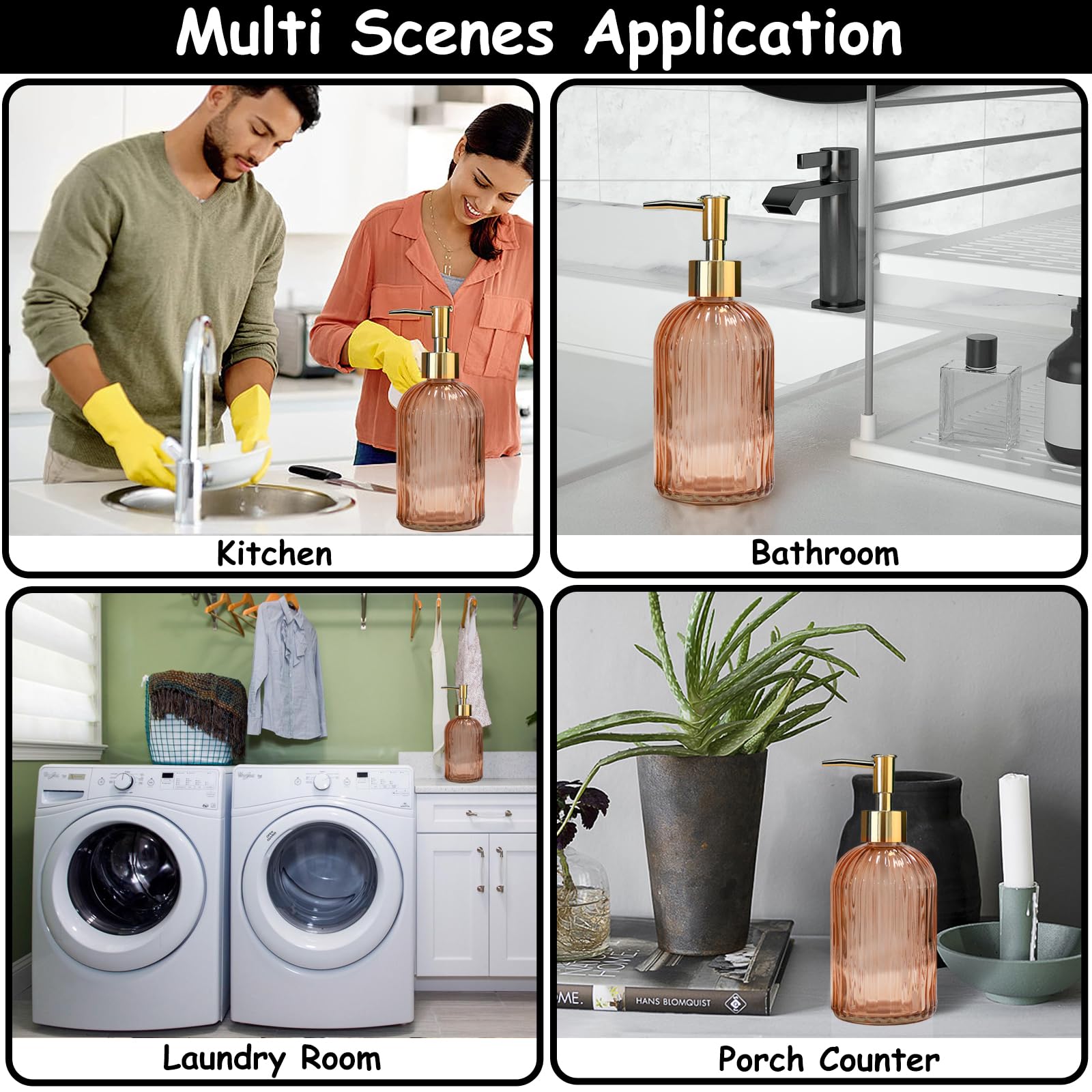 Glass Soap Dispenser With Gold Plastic Pump, 13.5Oz Refillable Liquid Hand Soap Dispenser, 2 Pack Crystal Lotion Bottle For Mode