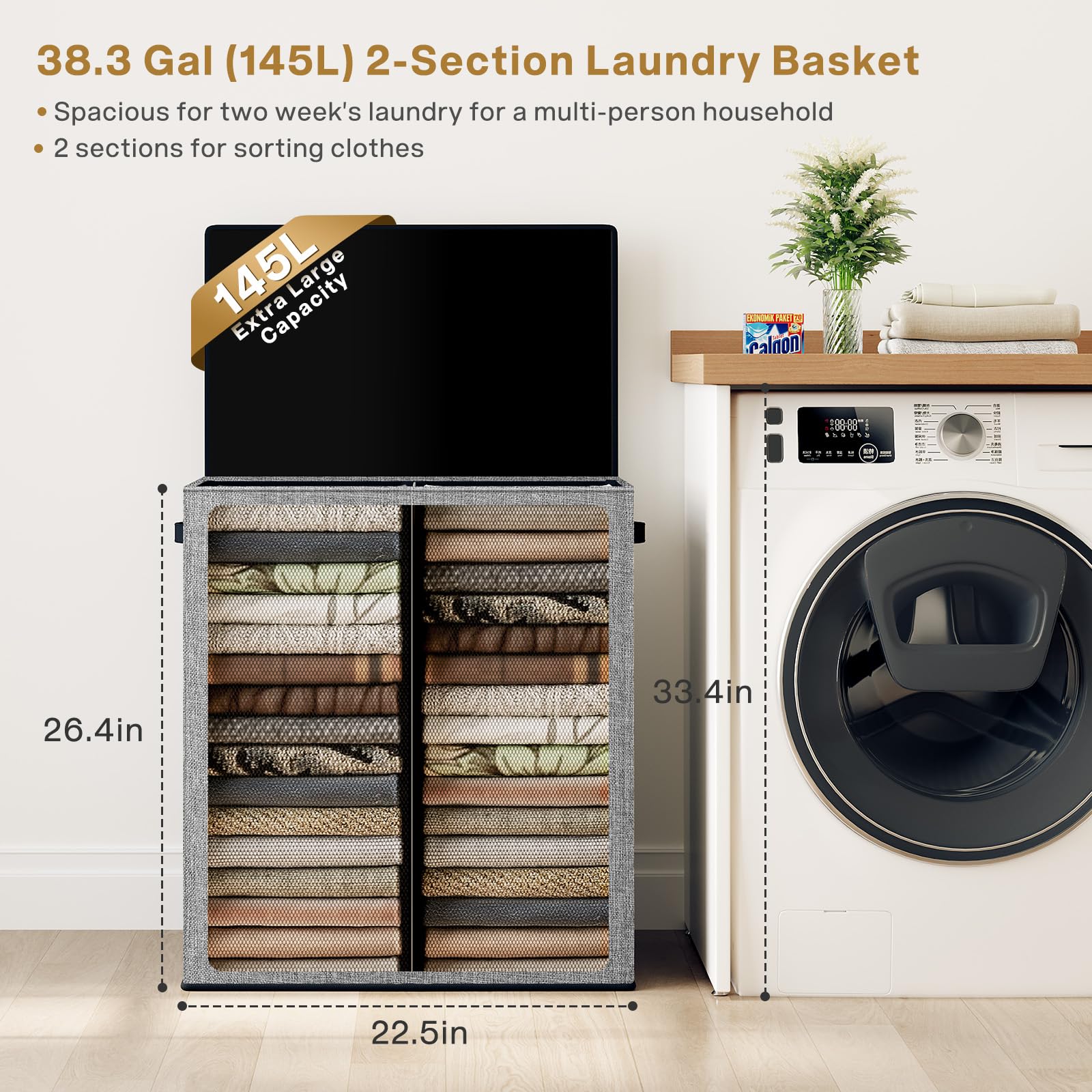 SOLEDI Double Laundry Hamper with Lid and Handle  Laundry Basket 2 Section with Removable bag  Collapsible Dirty Clothes Hampers for Laundry  Bedroom  Dorm  College