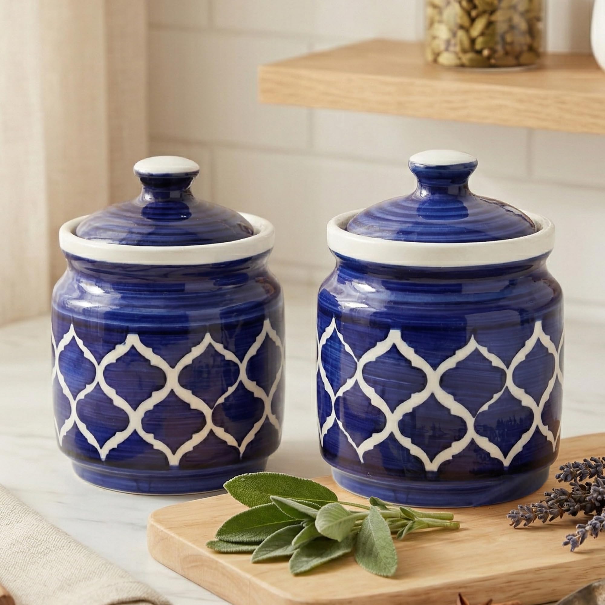 The Earth Store (Set Of 2, 650Ml Each) Handcrafted Moroccan Blue Carpet Multipurpose Ceramic Jar/Barni With Lid For Dry Fruits, 