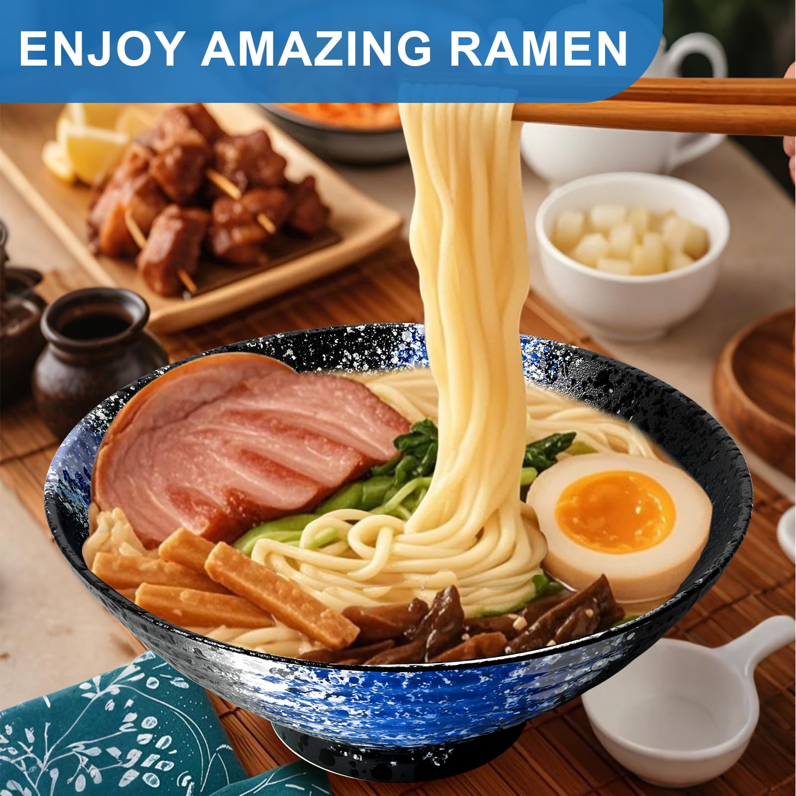 8-Inch Ceramic Ramen Bowl Set of 2 (9 Piece) - Porcelain Japanese Salad Noodles Cereal Fruit Pasta Soup Large Bowls with Recipes