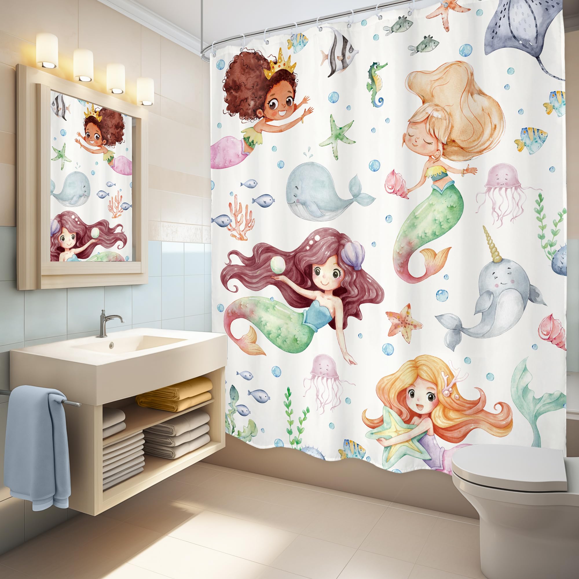 Lghtyro Kids Ocean Mermaid Shower Curtain Bathroom Set 60Wx71H Inches Underwater Cartoon Sea Animals Cute Whale Starfish Funny S
