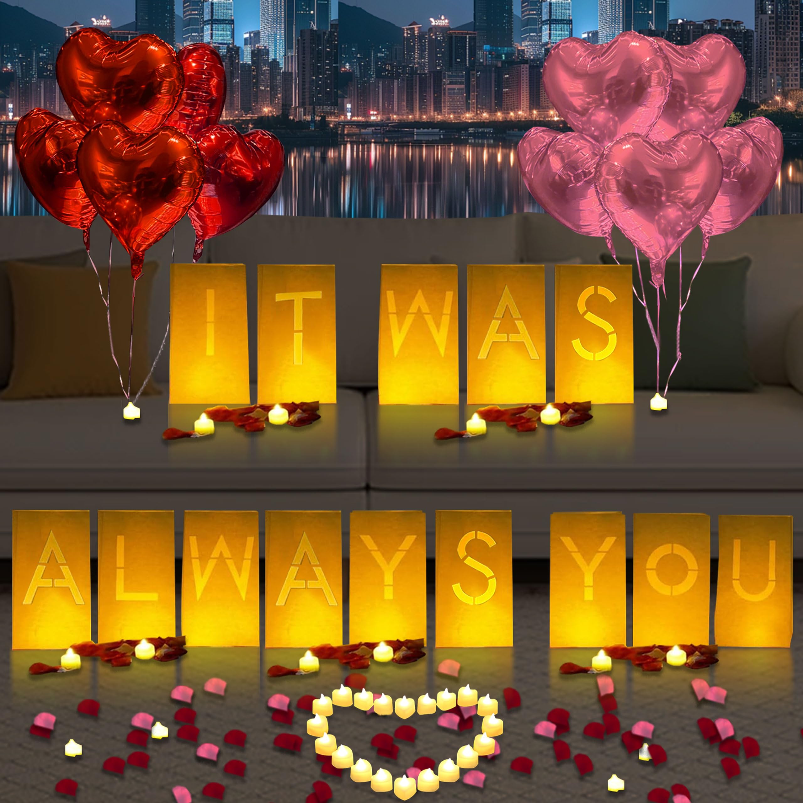 It Was Always You Lighted Letters Sign 8pcs Luminary Paper Bags 2000pcs Red Pink Artificial Rose Petals 48pcs Flameless LED Cand