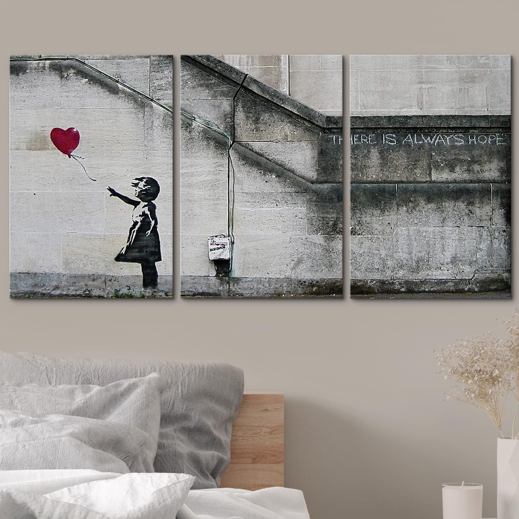 Wall26 - 3 Piece Canvas Wall Art - There Is Always Hope - Girl And Red Heart Balloon - Street Art - Guerilla - Modern Home Art S
