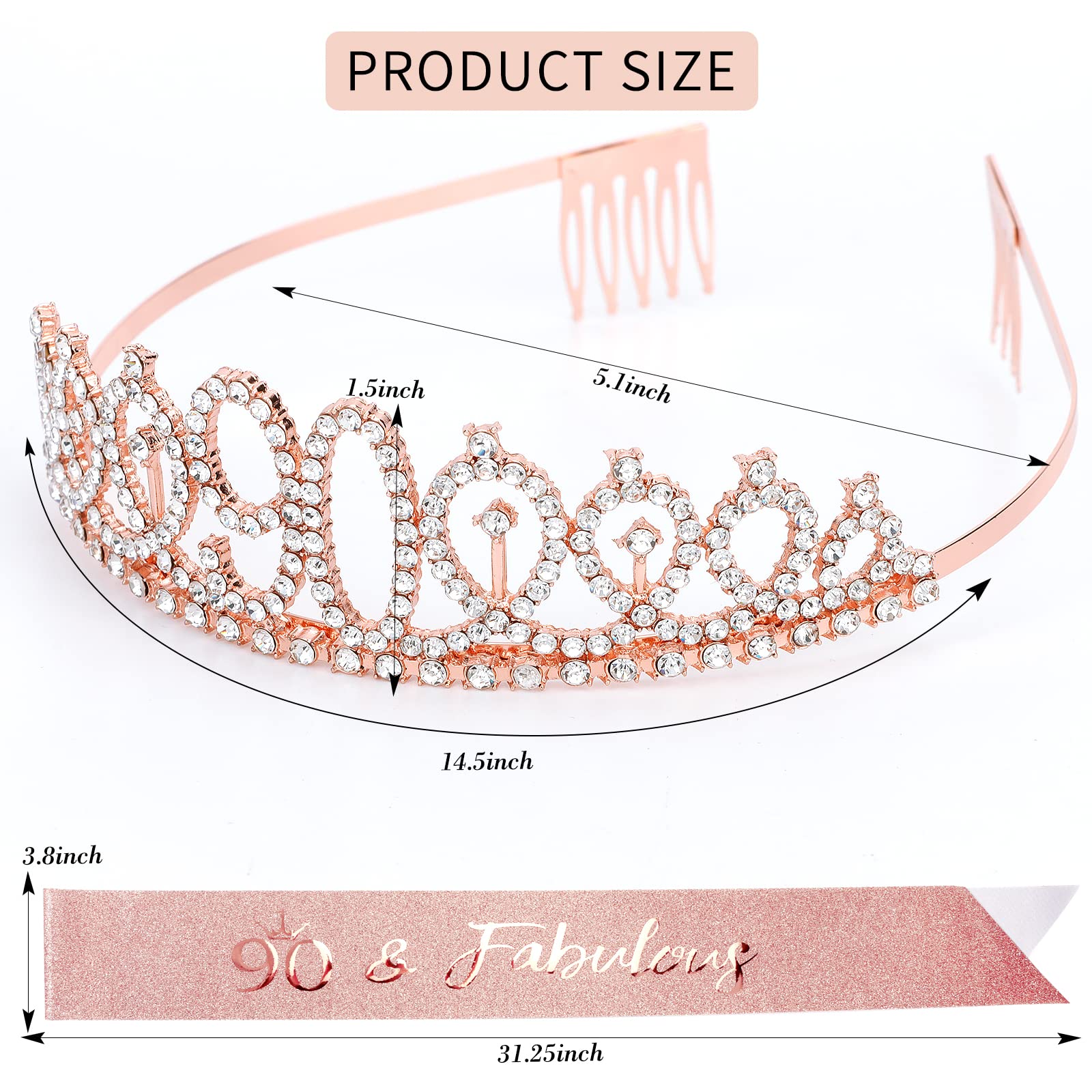 Cieher 90Th Birthday Crown, Sash & Pearl Pin Set - Elegant Decorations & Gifts For Her 90Th Fabulous Birthday