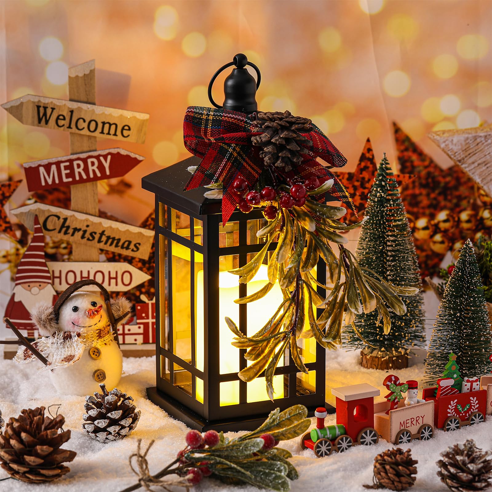 ROCEEI 1 Set Christmas Decorative Lantern Porch Decorations with LED Flickering Flameless Candle 14 Inch Vintage Hanging Lantern