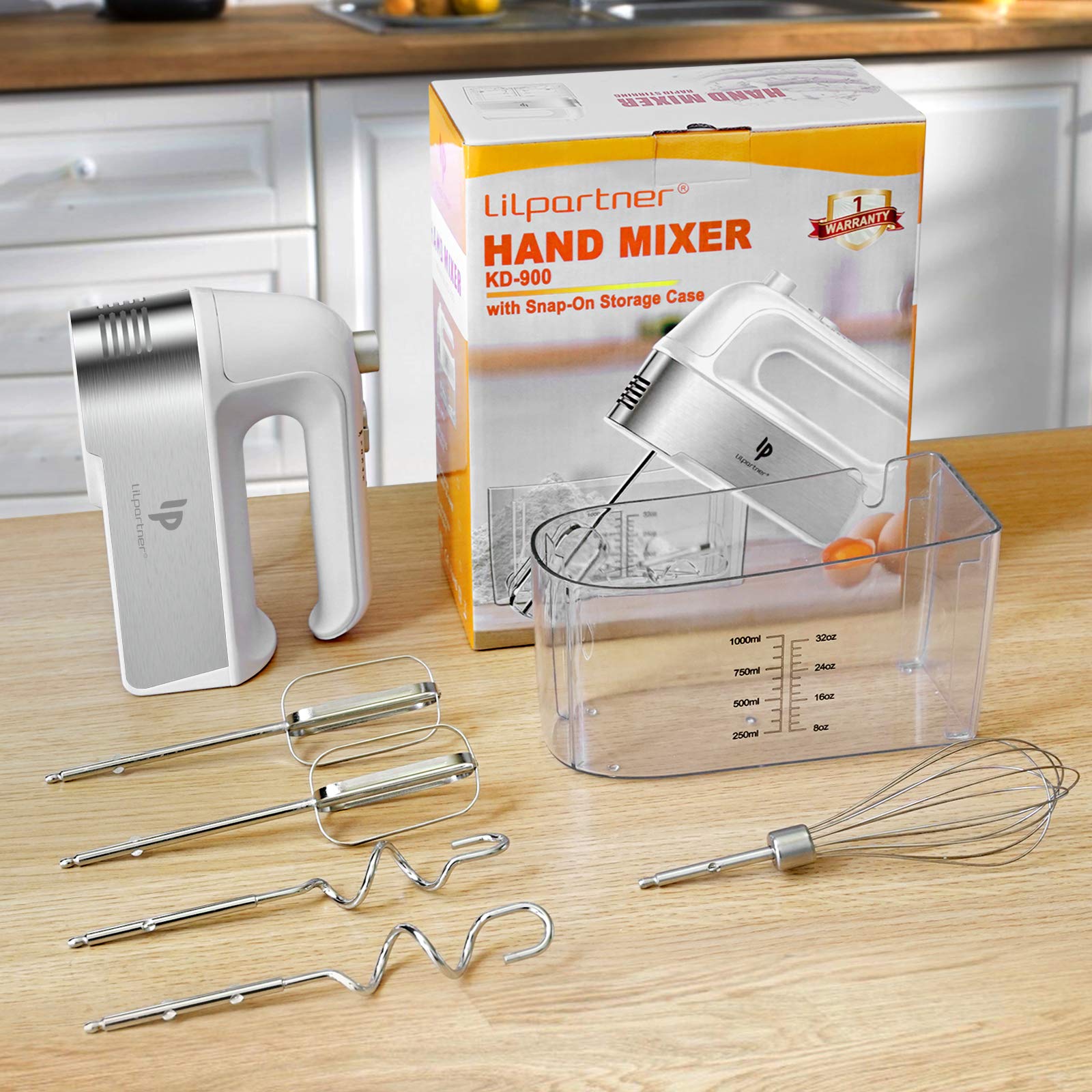 Hand Mixer Electric  450W Kitchen Mixers with Scale Cup Storage Case  Turbo Boost/Self-Control Speed + 5 Speed + Eject Button + 5 Stainless Steel Accessories  For Easy Whipping Dough Cream Cake