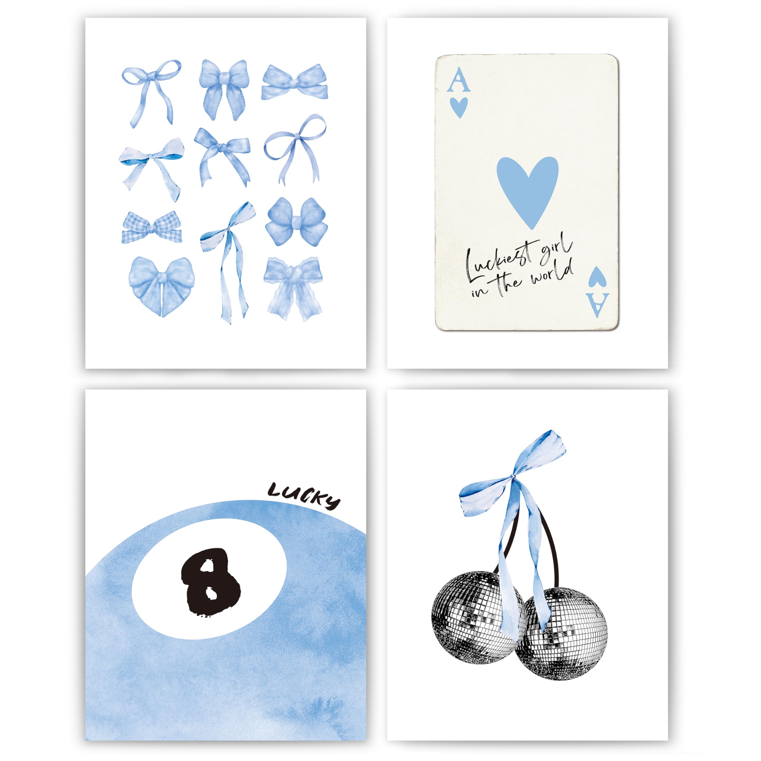 Okaxscm Light Blue Coquette Trendy Preppy Wall Art Prints Set Of 4, Coquette Preppy Room Decor, Blue Bow Disco 8 Ball Cherry Wal