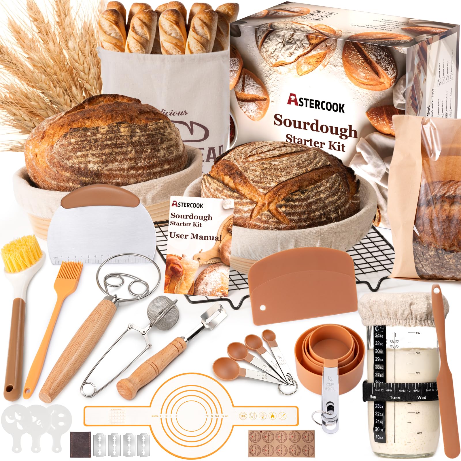 Astercook Sourdough Starter Kit with Round & Oval Banneton Bread Proofing Basket, Bread Sling, Starter Jar, Dough Whisk, Scraper