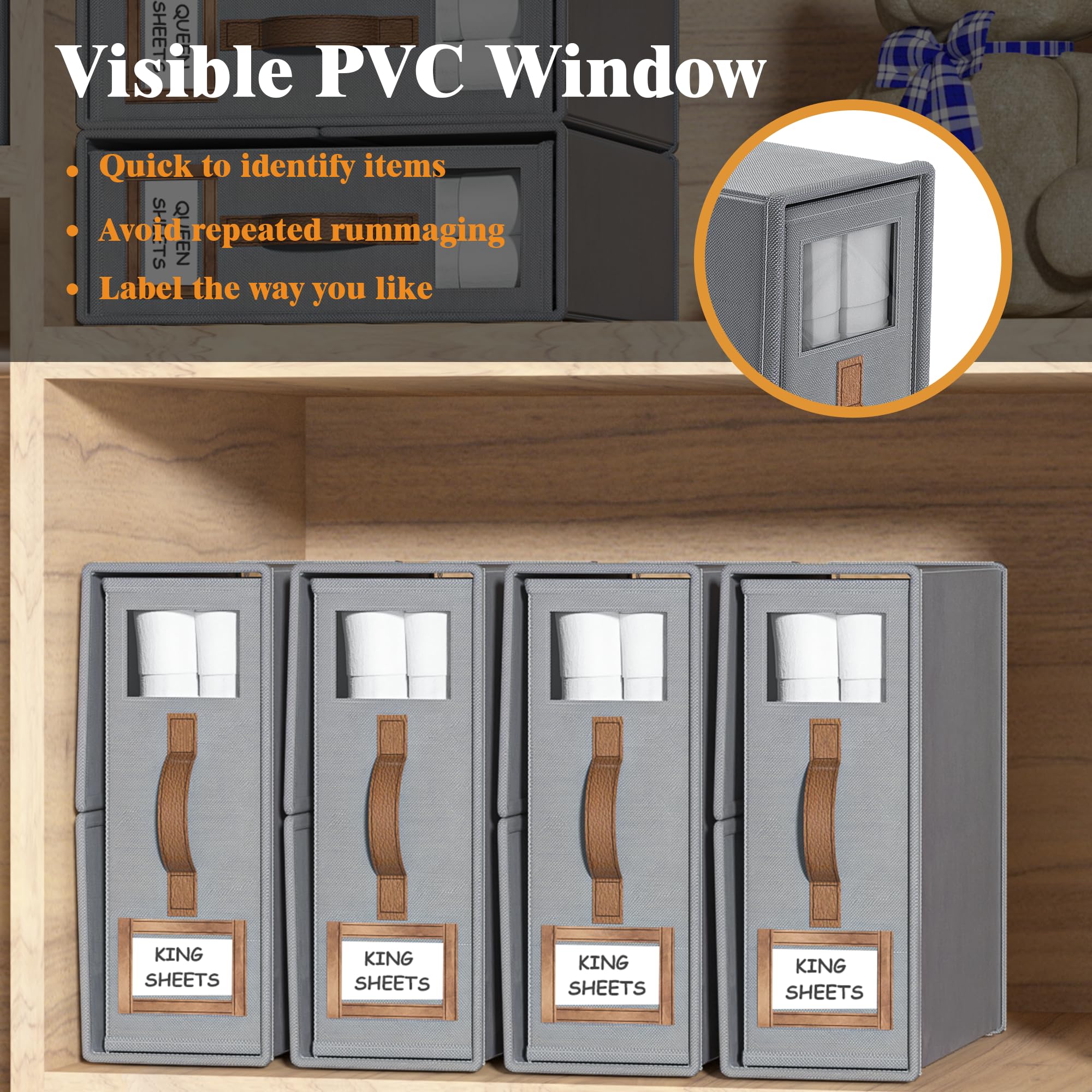 BigPonPon 4 Pack Foldable Bed Sheets Set Organizers and Storage(King & Queen Size),Linen Fabric Closet Organizers with Window,Fo