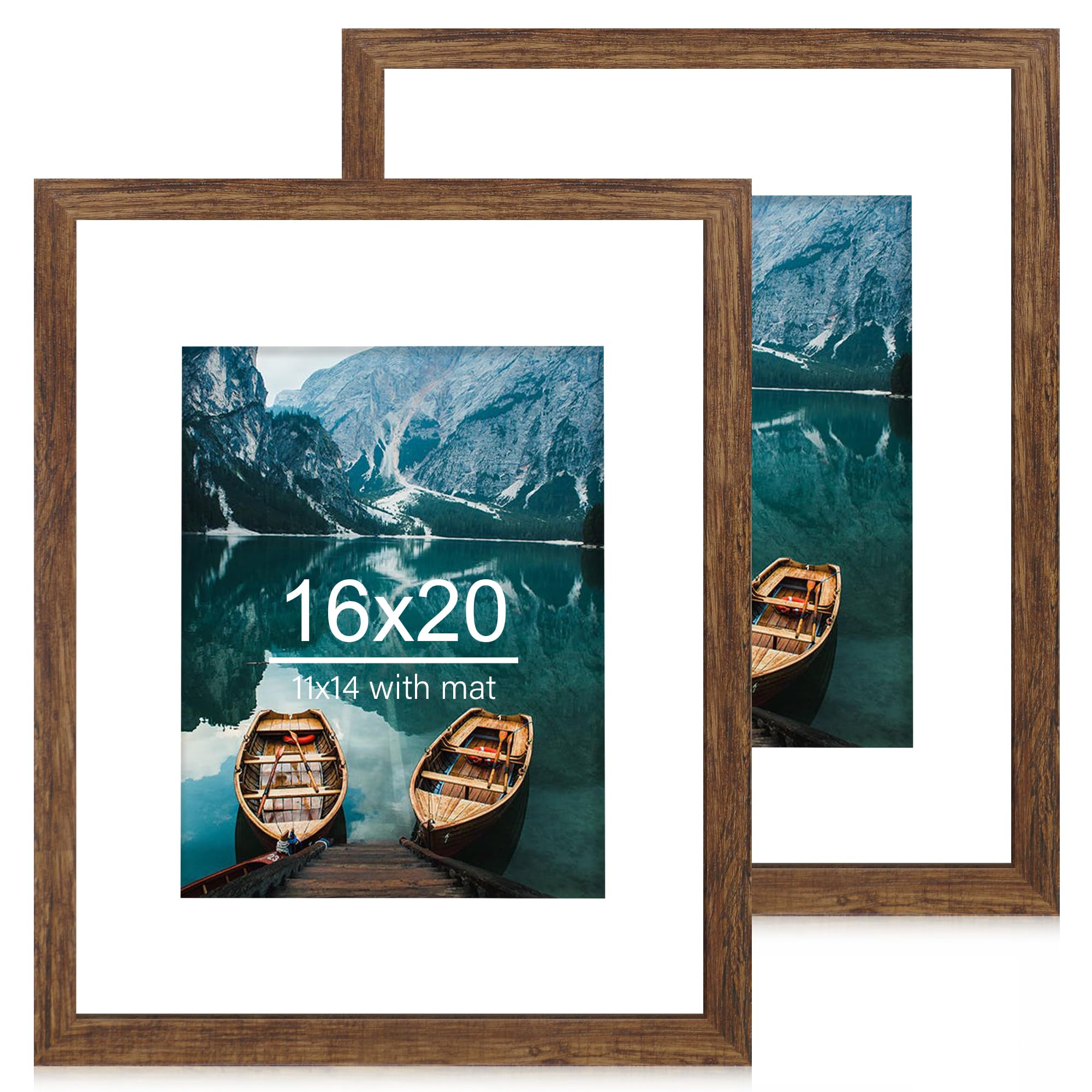 Hongkee 16x20 Frames Set of 2, Rustic Brown Wood Style - Display 16 x 20 Picture without Mat or 11x14 Picture with Mat, Wall Mou