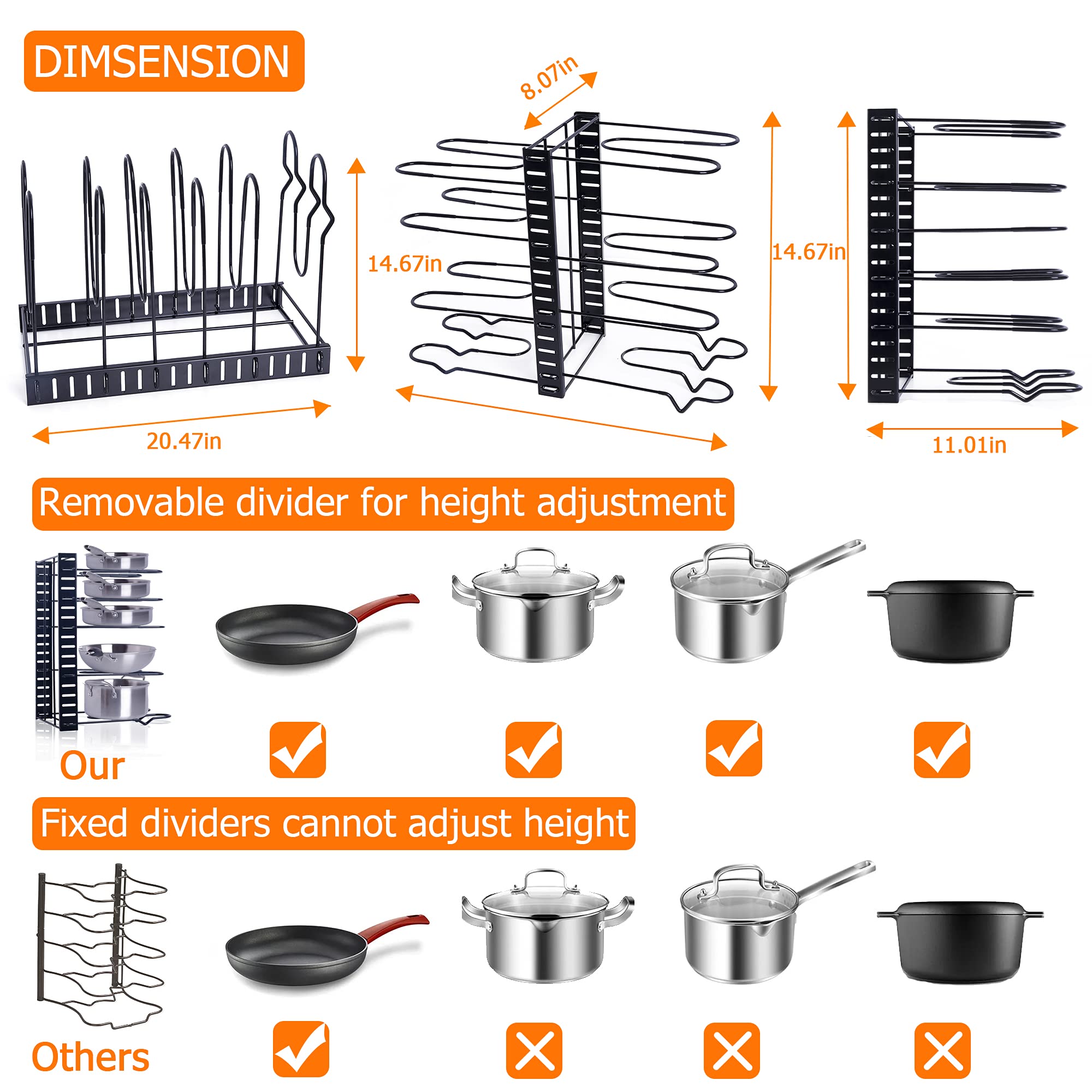 Zhoho Tant Pan Organizer Rack For Cabinet Pot Rack With 3 Diy Methods 8 Tiers Adjustable Pots And Pans Organizer Under Cabinet F