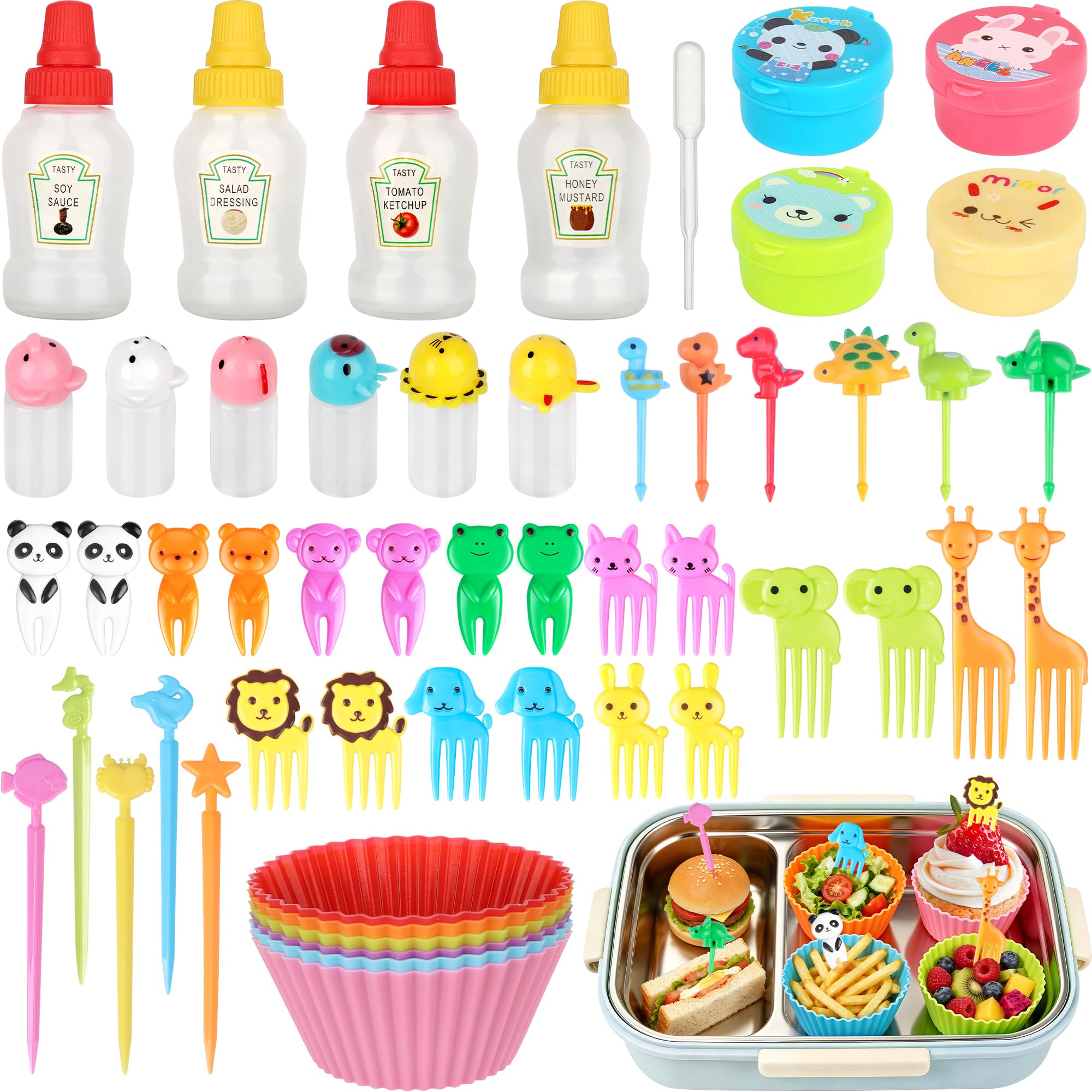 71 Mini Condiment Squeeze Bottles Kit, Bento Lunch Box Accessories for kids