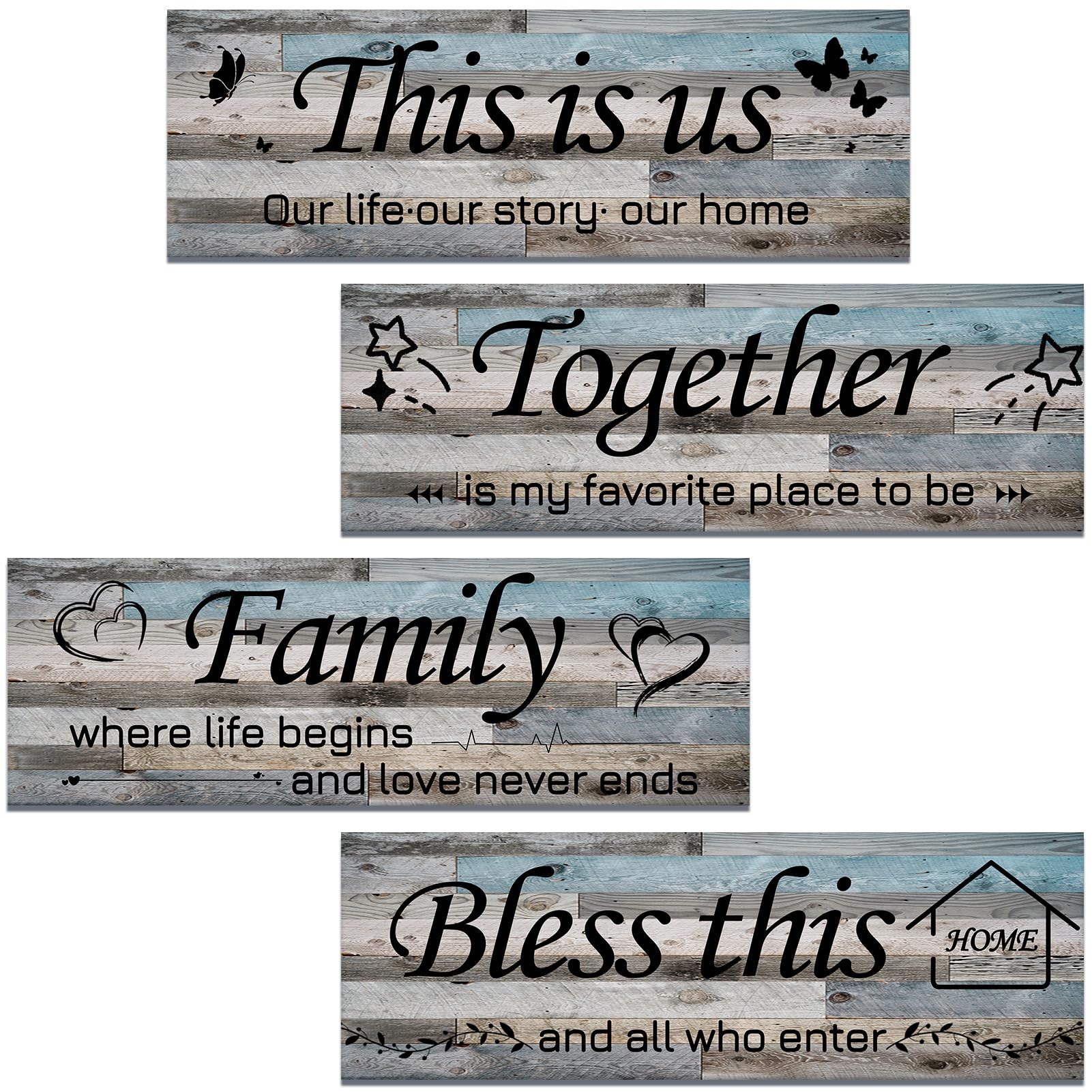 Lnond 4 Pieces Grey Brown Blue Living Room Wall Decor, Motivational Home Family Rustic Wall Art Decor for Bedroom Living Room, R