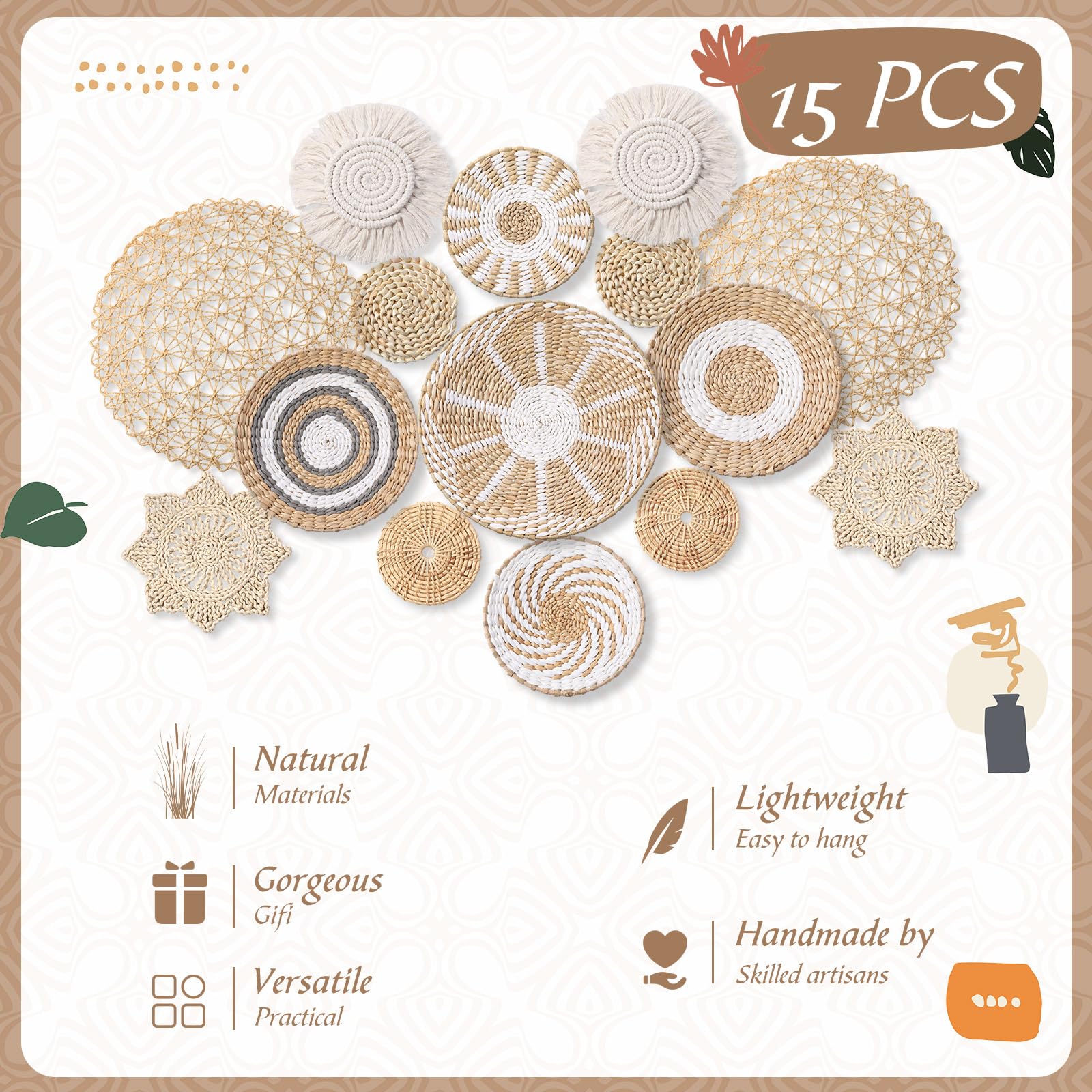 Anglechic 15 Pcs Boho Wall Basket Decor Woven Rattan Seagrass Wall Decor Hanging Rustic Farmhouse Western Wall Art Decoration Fo