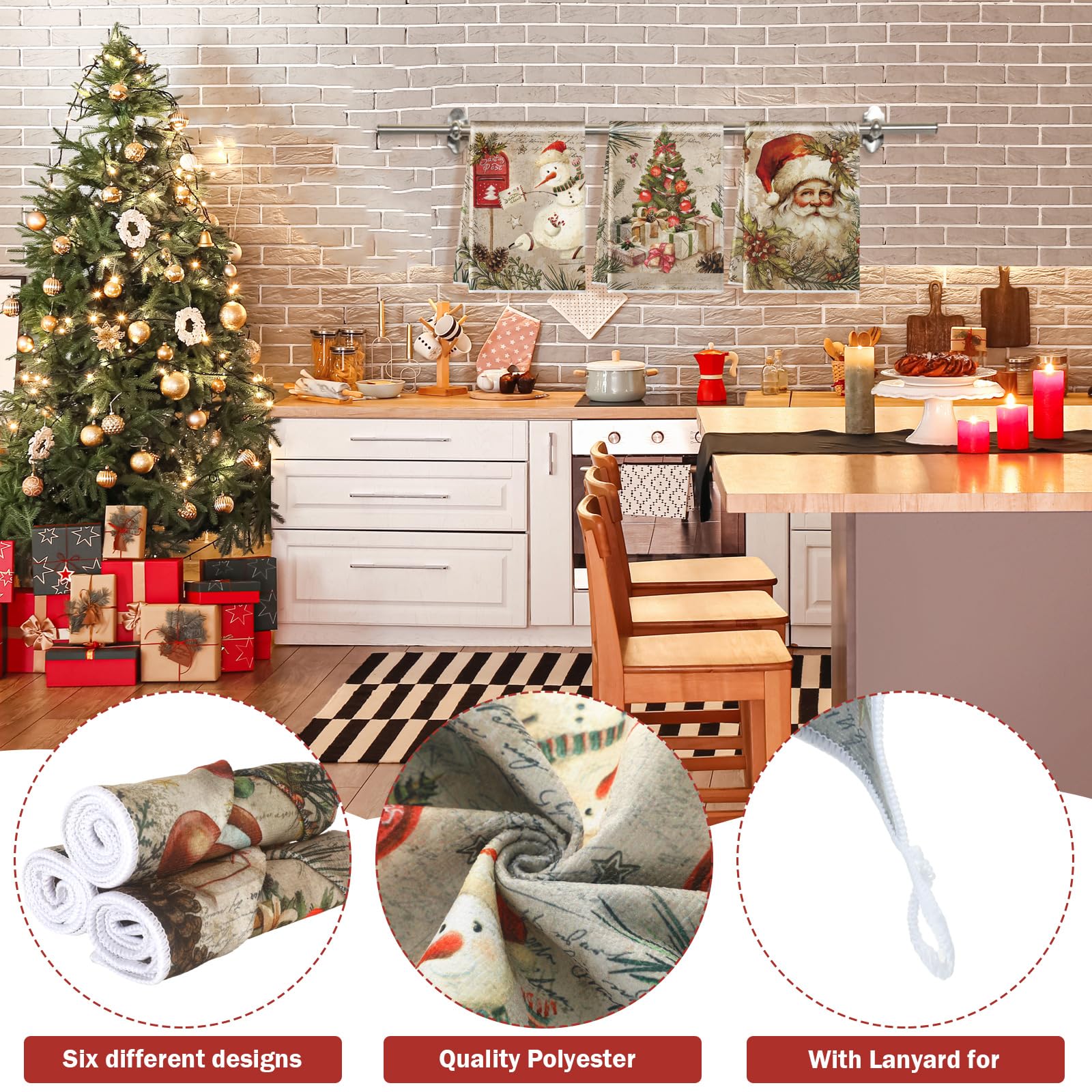 Hosuly 6 Pcs Christmas Kitchen Towels Vintage Santa Dish Cloth Christmas Farmhouse Tea Towels Santa Snowman Sock Ball Xmas Tree