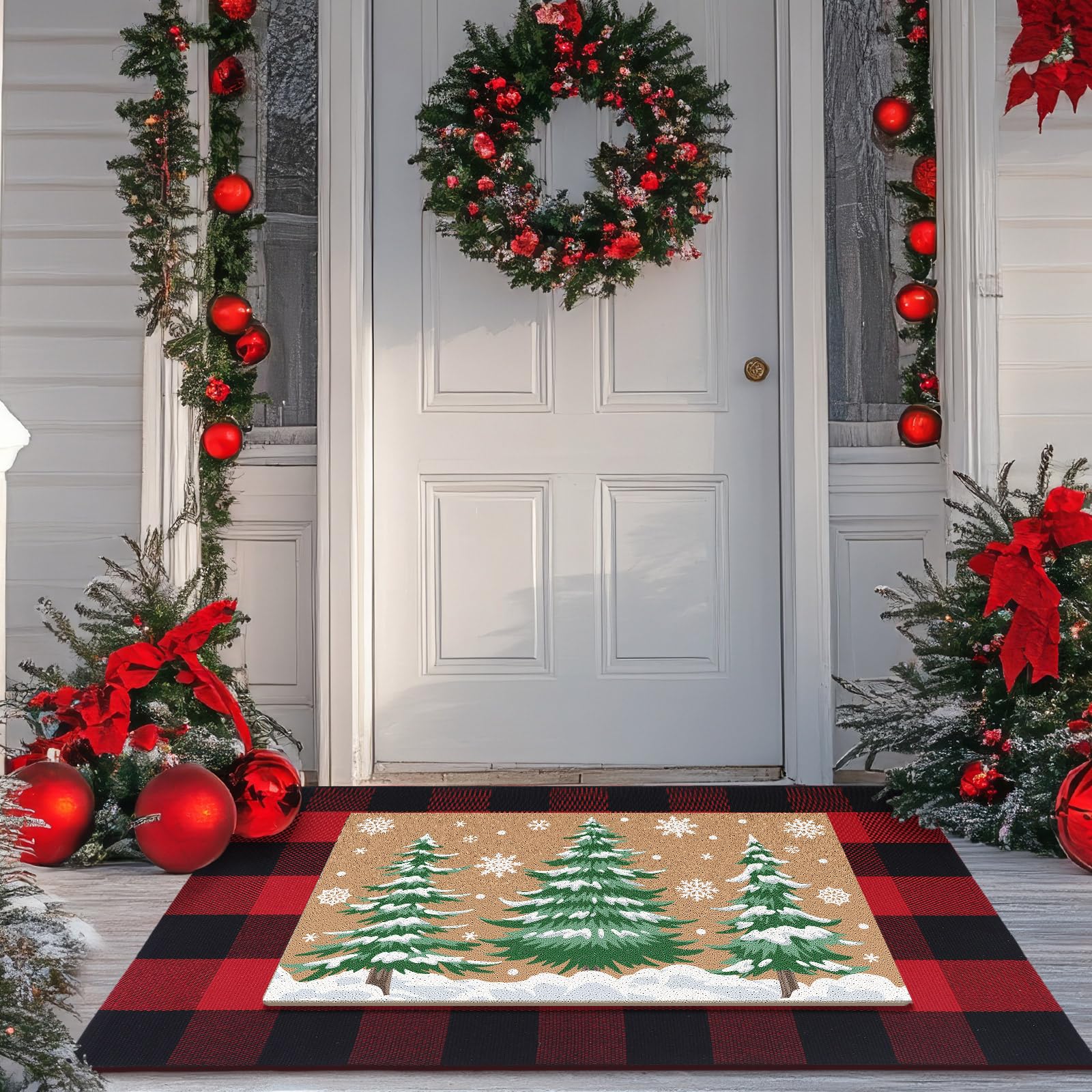 FuWeave 2 Pcs Christmas Doormats with Outdoor Rug Christmas Tree Door Mat Combo Set 100% Coir Welcome Mat and 27.5x 43 Buffalo P