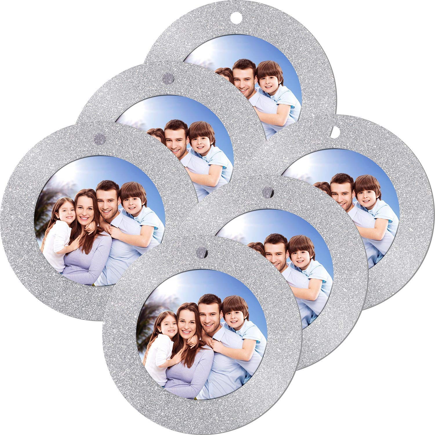 12 Pieces Christmas Magnetic Photo Frame Ornaments with Twine, Glitter Round Holiday Picture Frames Gifts and Tree Decoration fo