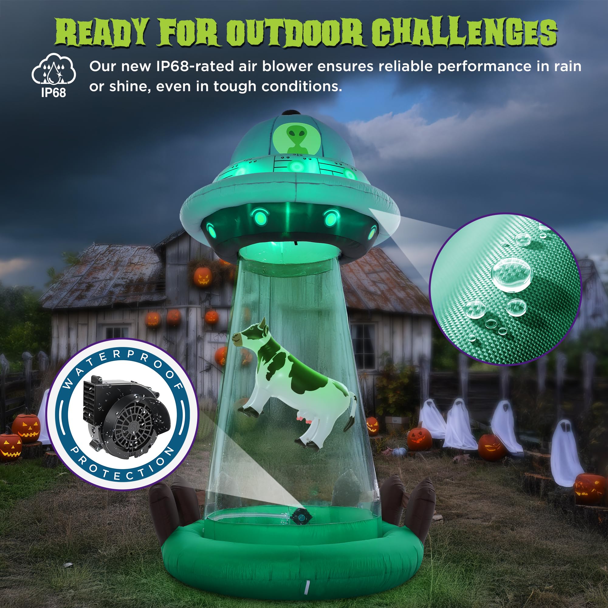 ZPISF 10 FT Halloween Inflatables UFO with Floating Cow Outdoor Decorations, Blow Up UFO Halloween Yard Decorations for Front La