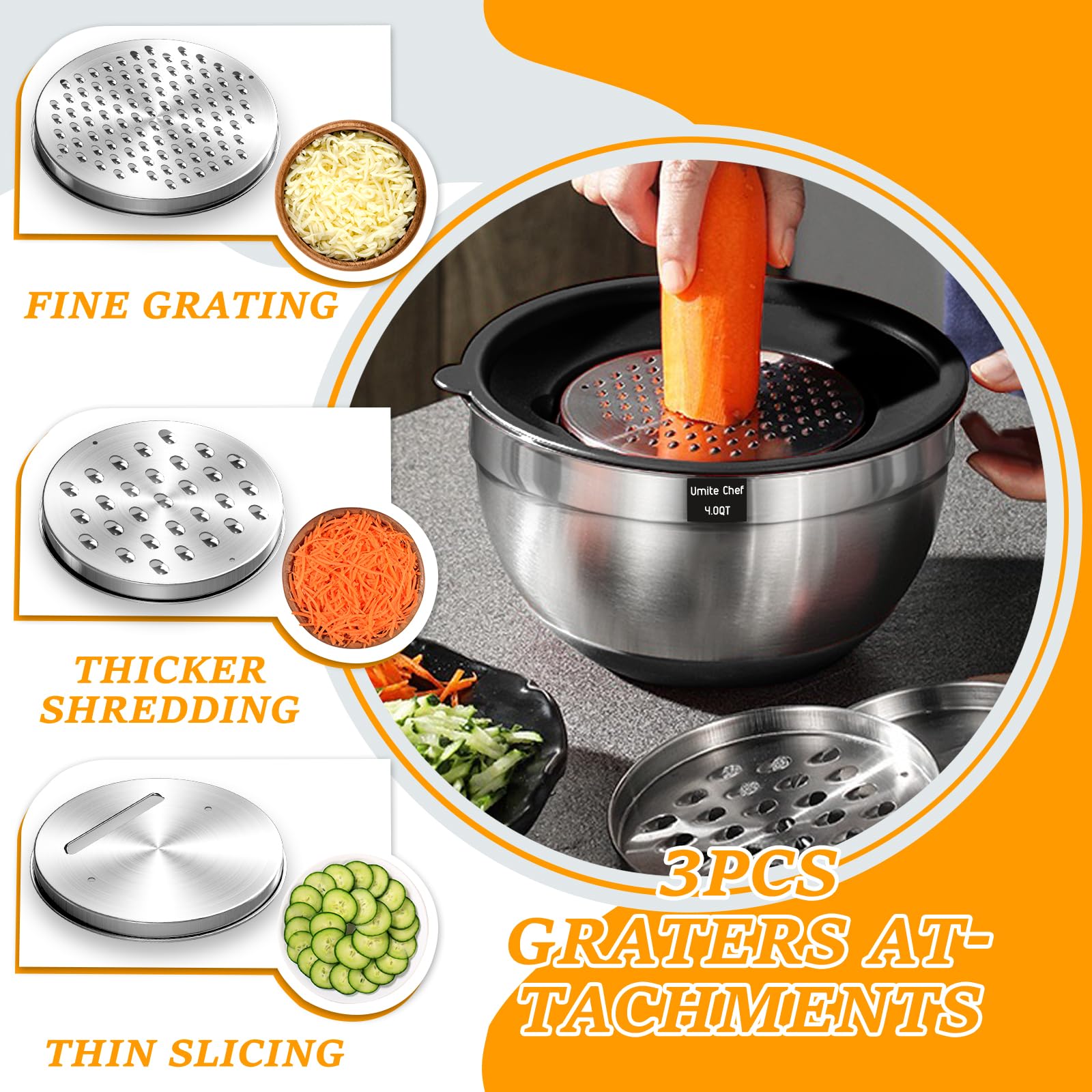 Umite Chef 26-Pcs Stainless Steel Mixing Bowls Set with Airtight Lids, Grater Attachments, Non-Slip Bottoms, Black, Model Umiten8891us
