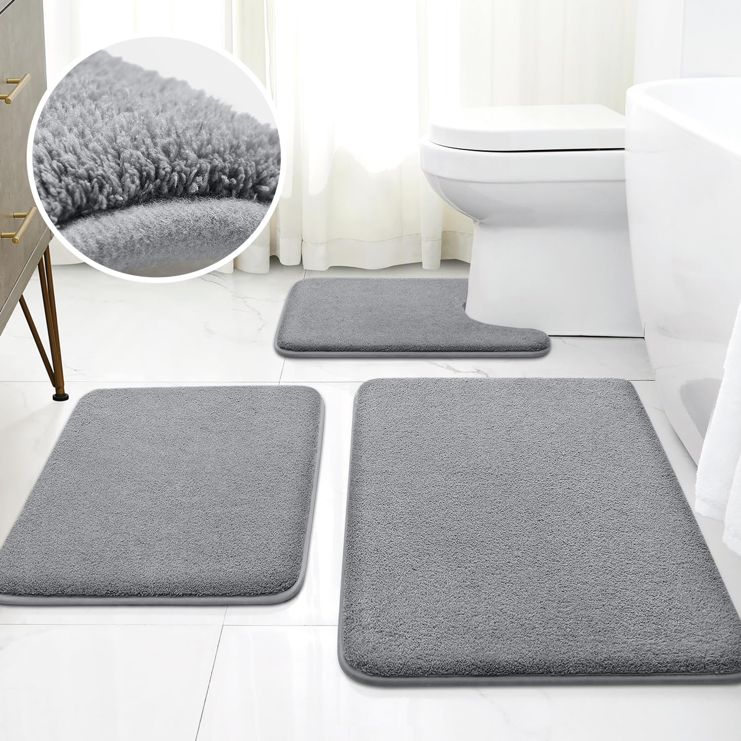 Homeideas Upgraded Bathroom Rugs Set 3 Piece, Extra Thick Absorbent Soft Memory Foam, Washable Toilet Bath Mat (Grey,17''X24''+2