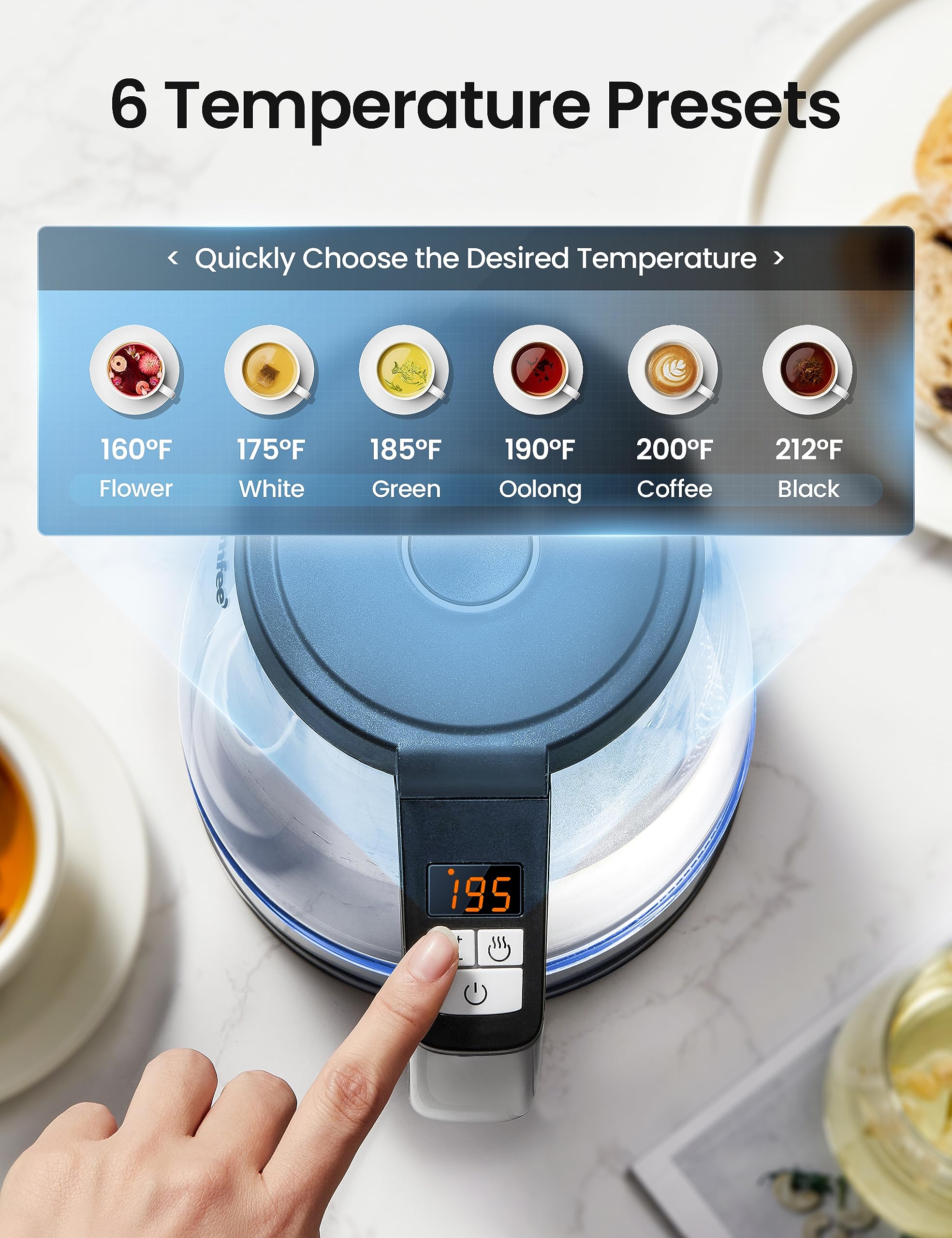 Comfee' 1.7L Glass Tea Kettle And Kettle Water Boiler - Electric Kettle Temperature Control With 6 Presets, 2-Hr Keep Warm, Fast