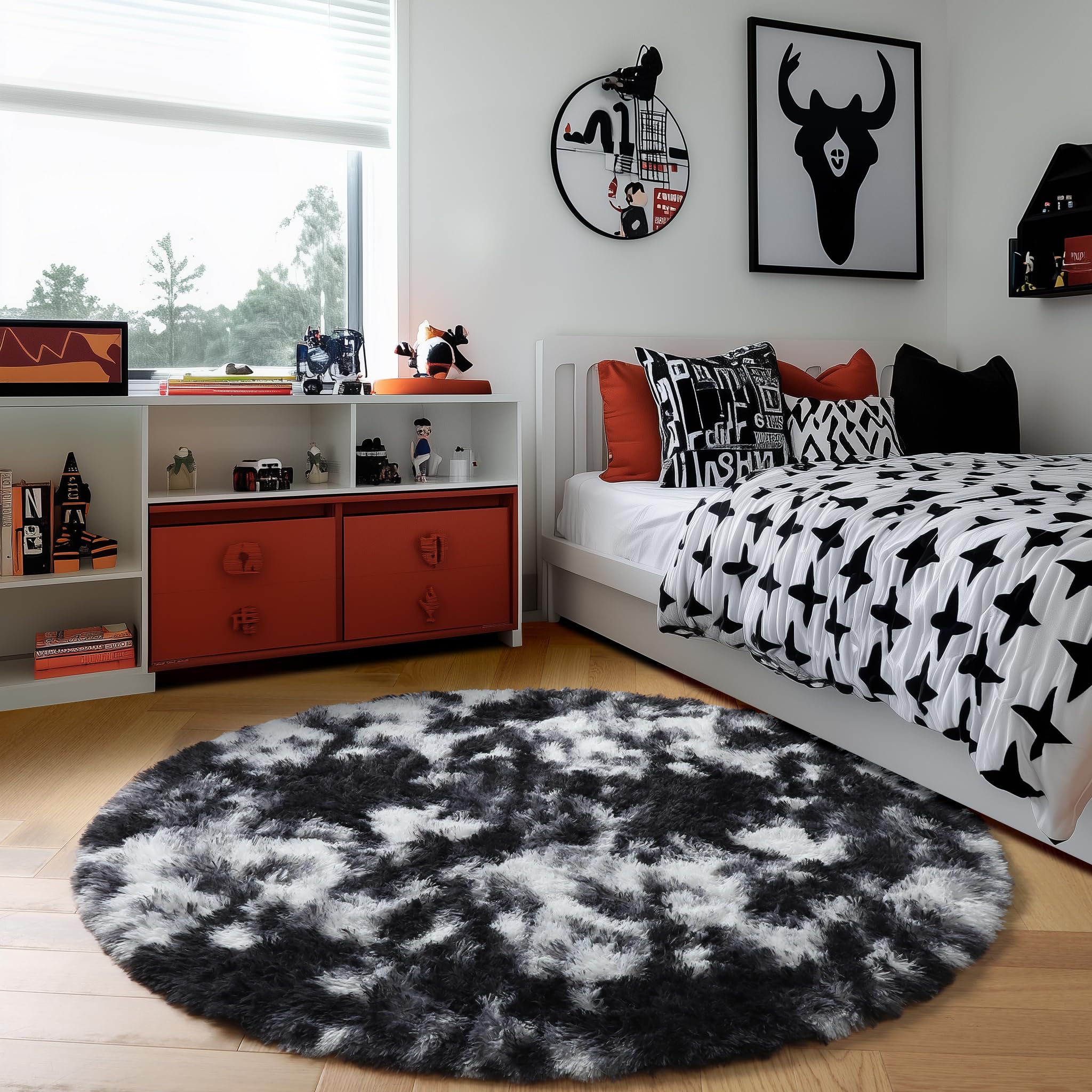 Amdrebio Black White Grey Circle Rug 6Ft Round Area Rugs for Living Room Bedroom, Fluffy Fuzzy Shaggy Furry Rugs for Home Office