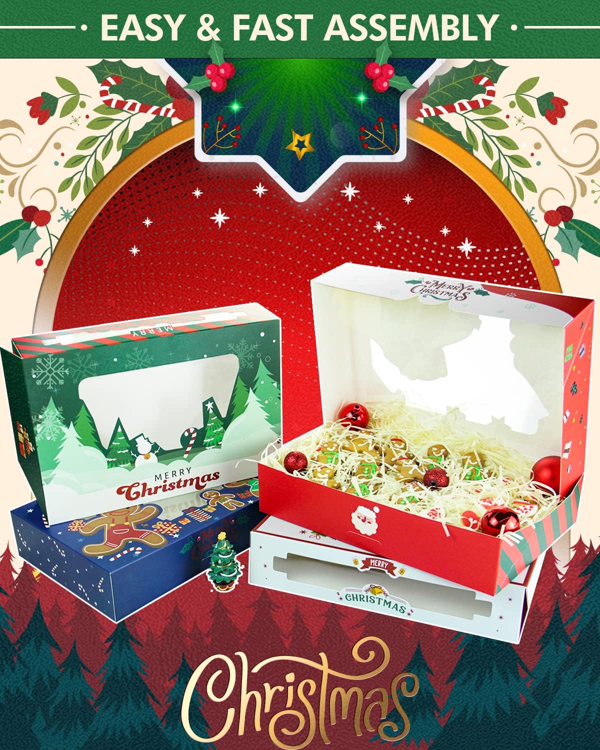 qiqee Christmas Cookie Boxes for Gift Giving 8x5.3x2 inch 24Packs Christmas Bakery Box with Window Treat Box for Donuts Candies