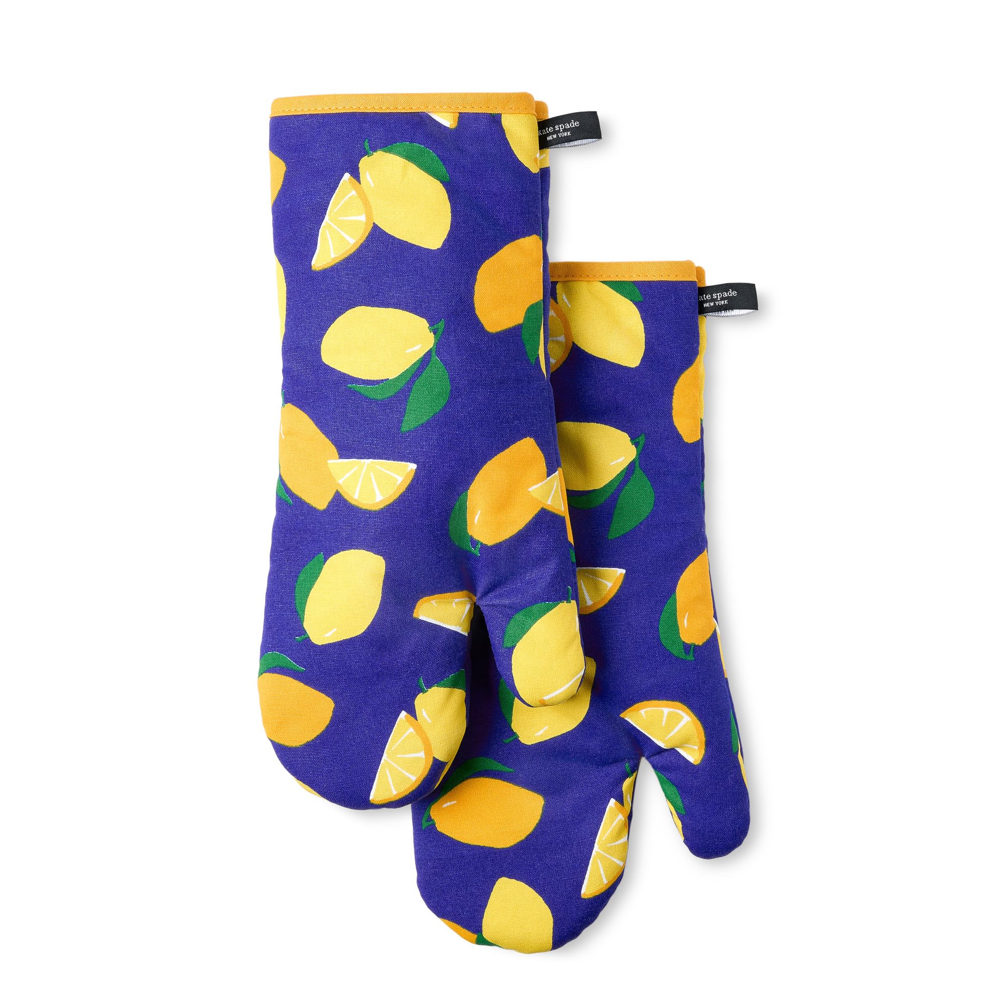 kate spade new york Lemon Party Oven Mitt 2-Pack Set, Heat Resistant, 100% Cotton, Navy Blue/Yellow, 7x13
