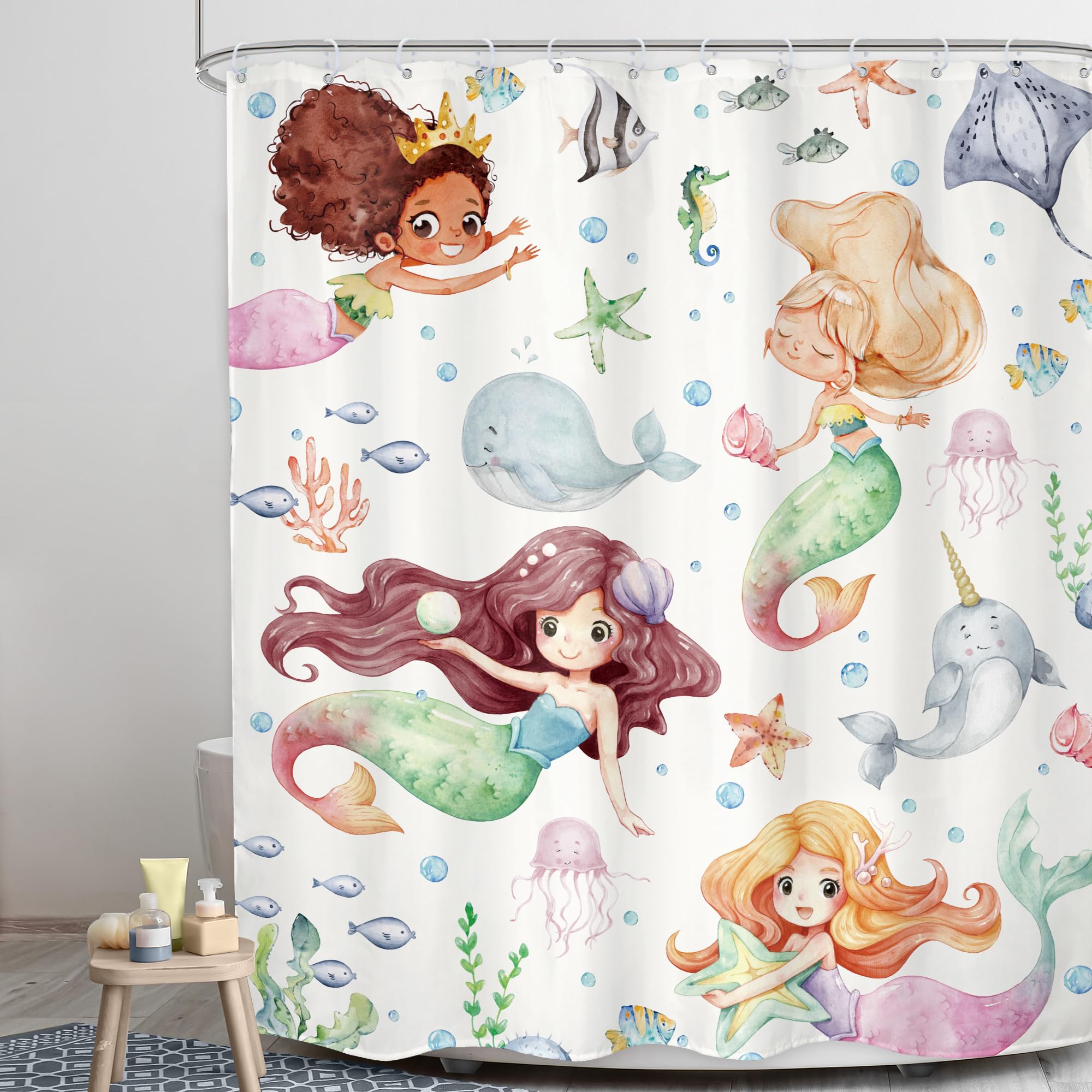 Lghtyro Kids Ocean Mermaid Shower Curtain Bathroom Set 60Wx71H Inches Underwater Cartoon Sea Animals Cute Whale Starfish Funny S
