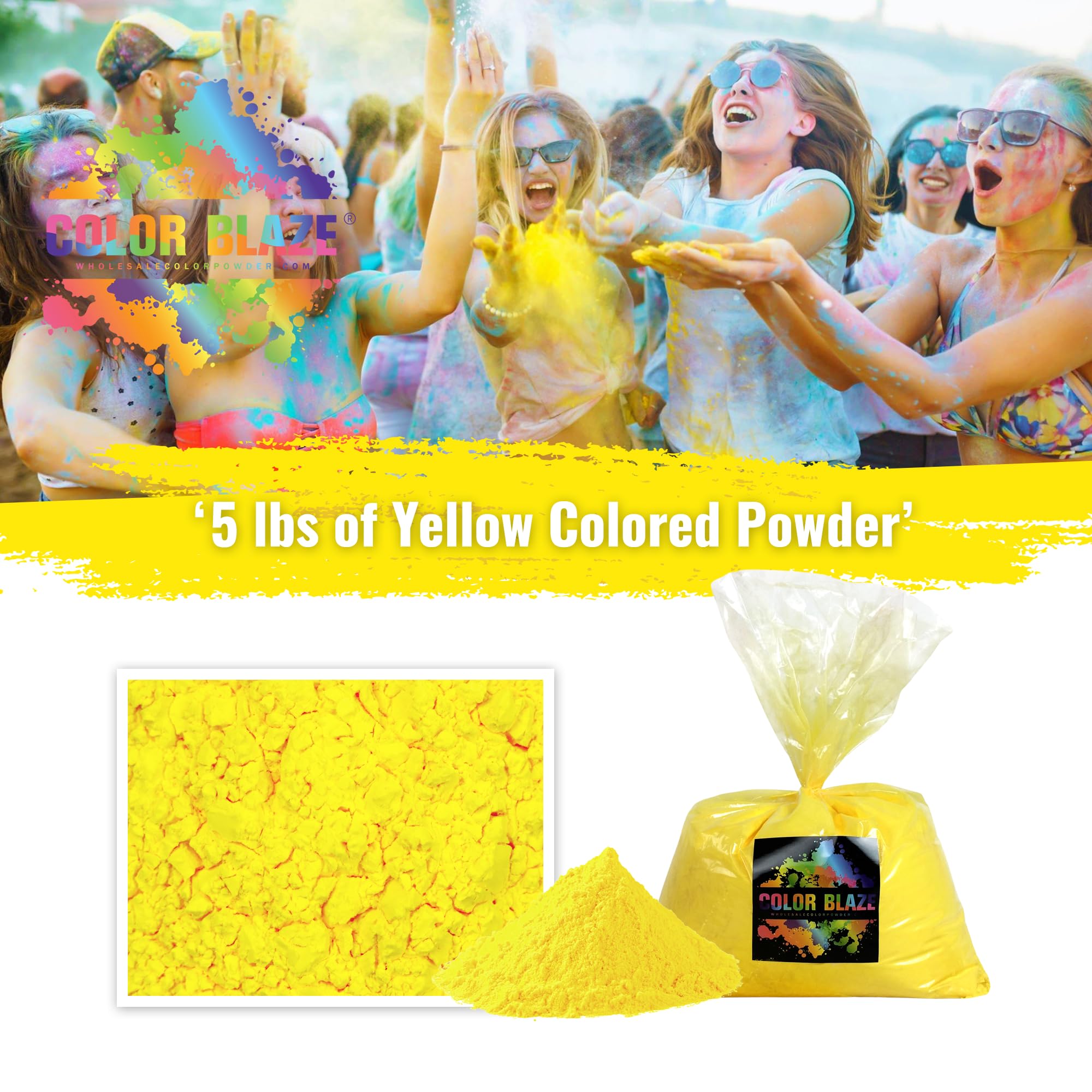 Color Blaze Holi Colored Powder - 5 Lbs Of Yellow Powdered Color - For Fun Runs, Color Toss, Rangoli, Powder War, Backyard Party