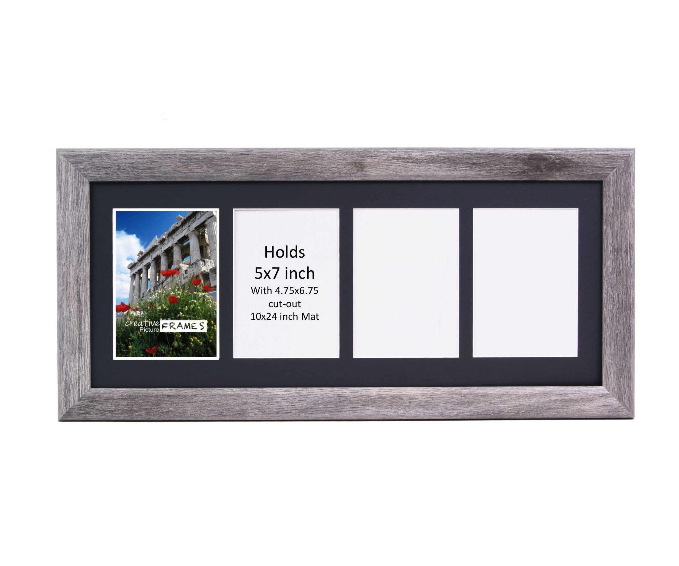 CreativePF 4 Opening Driftwood Picture Frame with Glass to hold 5 by 7 inch Photographs including 10x24-inch Black Mat Collage