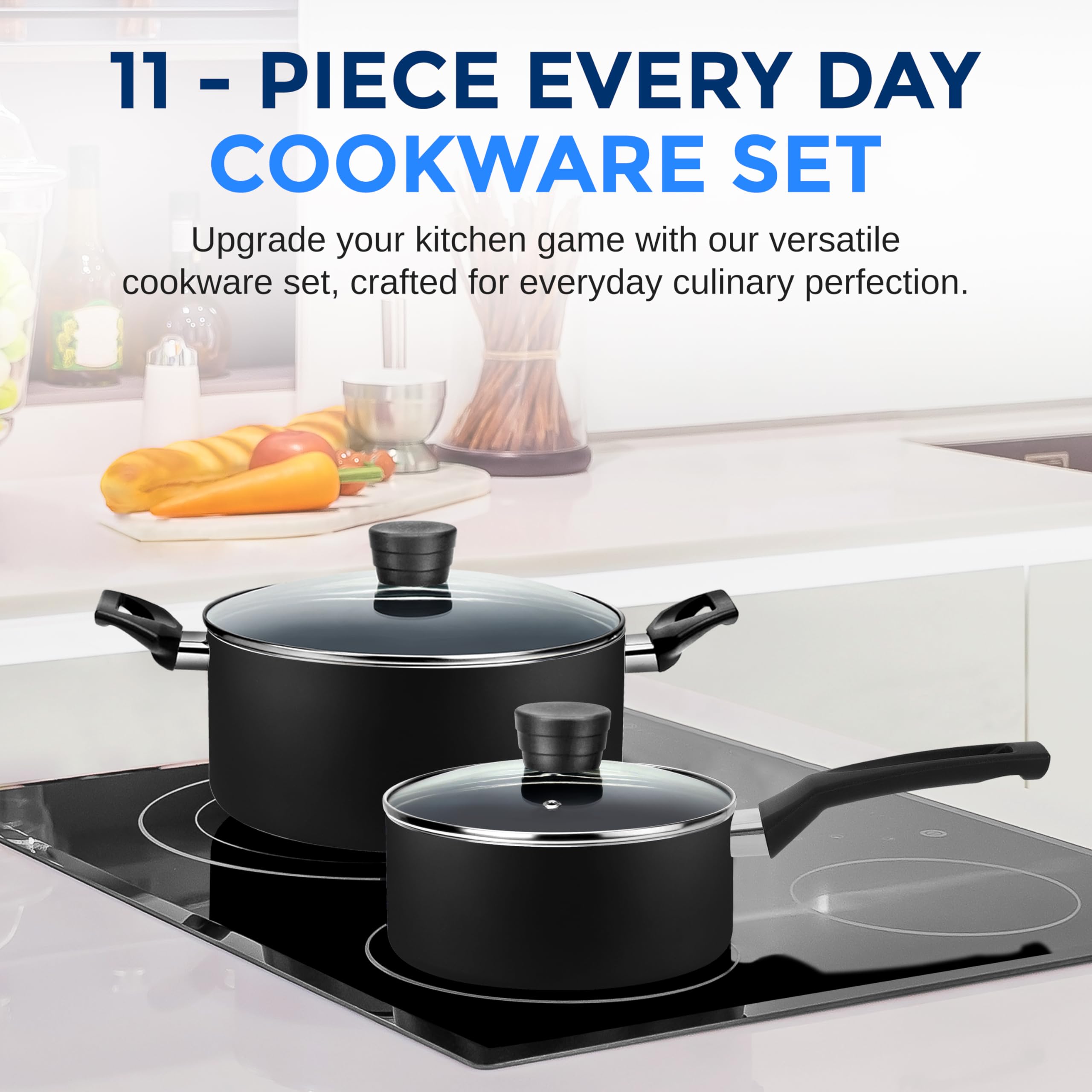 SereneLife Kitchenware Pots & Pans Basic Kitchen Cookware, Black Non-Stick Coating Inside, Heat Resistant Lacquer (11-Piece Set)