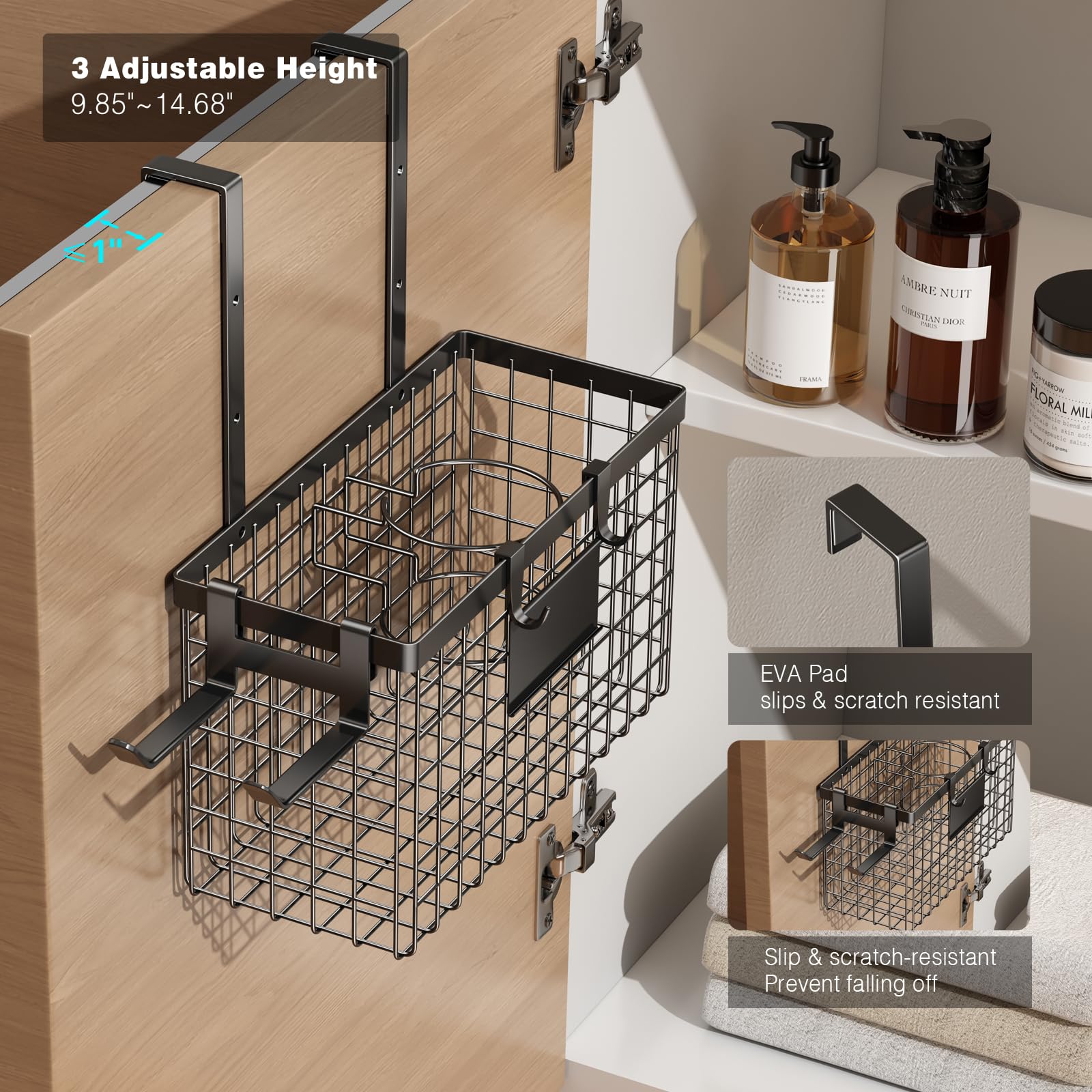 Voldra Hair Dryer Holder Cabinet Door, Adhesive Hair Tool Organizer Wall Mount Adjustable Height Blow Dryer Holder Under Sink/Co