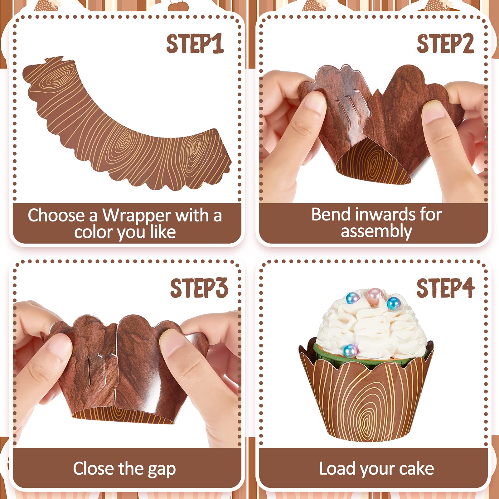 60 Pieces Wood Grain Cupcake Wrappers For Woodland Animal Baby Shower Decorations, Cup Cake Wraps For Outdoor Camp Party Rustic