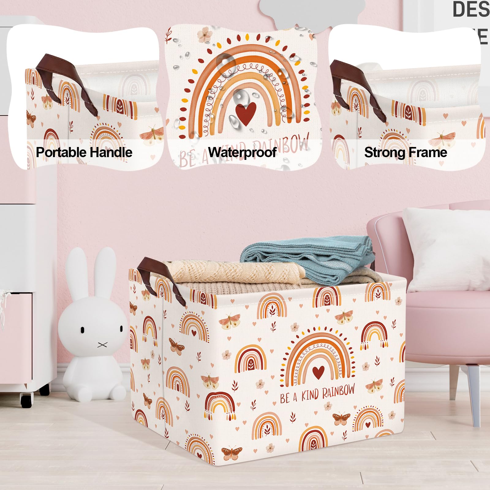 Clastyle Boho Rainbow Toy Basket Rectangle Butterfly Flower Pink Girl Basket Kid Room Decor Clothes Nursery Hamper Baby Gift Boo
