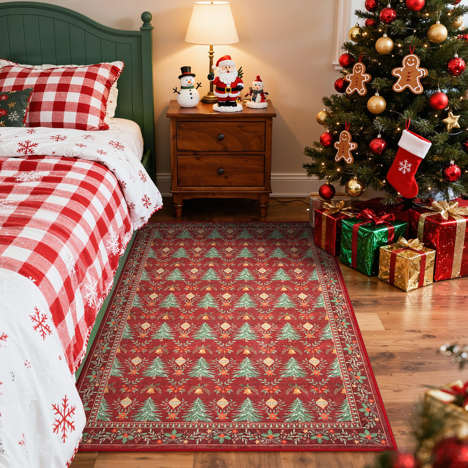 Yuemasi 3x5 Christmas Rug, Washable Red Christmas Rugs for Living Room Non Slip, Xmas Tree Pattern Print Throw Carpet for Bedroo