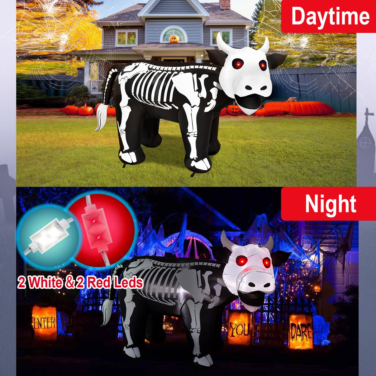 inslife 6FT Length Halloween Inflatable Cow Skeleton with Spooky Red Eyes Decoration, Halloween Blow Up Cow Skeleton Inflatables