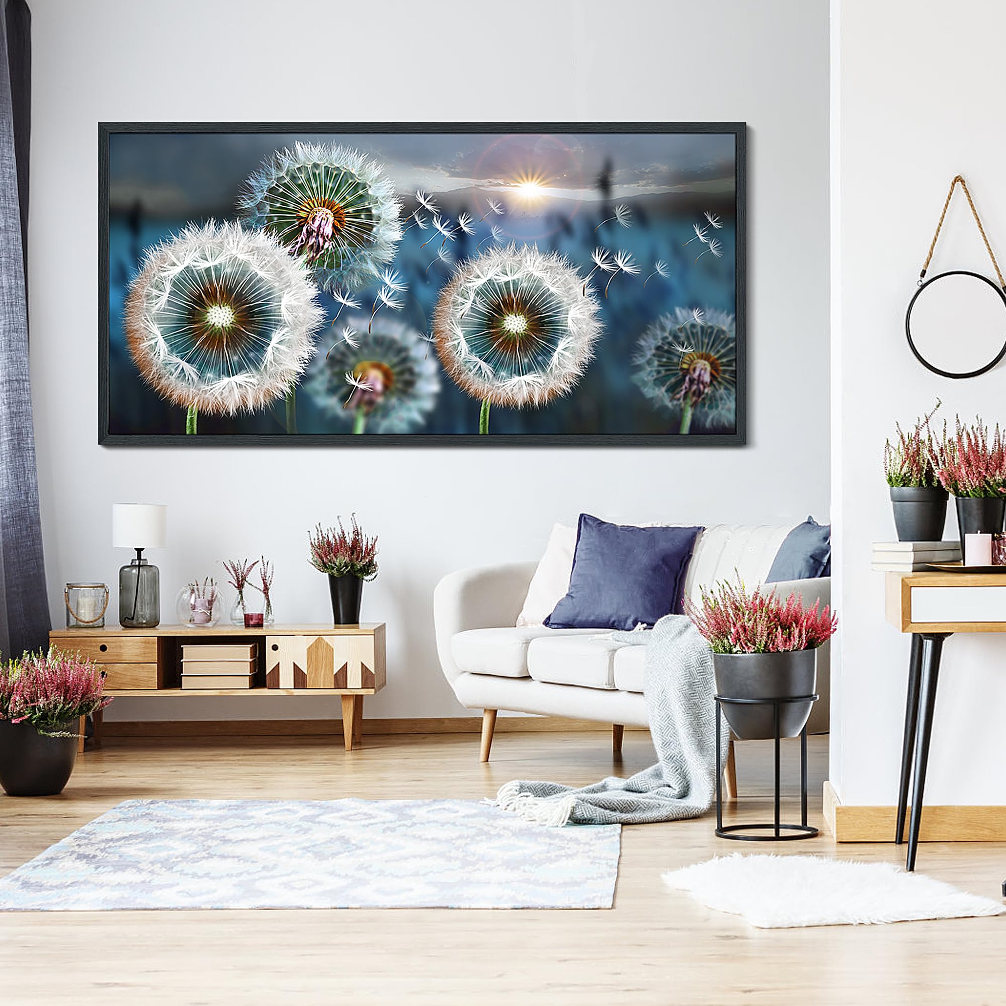 Black Framed Wall Artlarge Wall Art Dandelion Theme Canvas Art Wall Decor For Living Room Abstract White Dandelion Sun Blue Land
