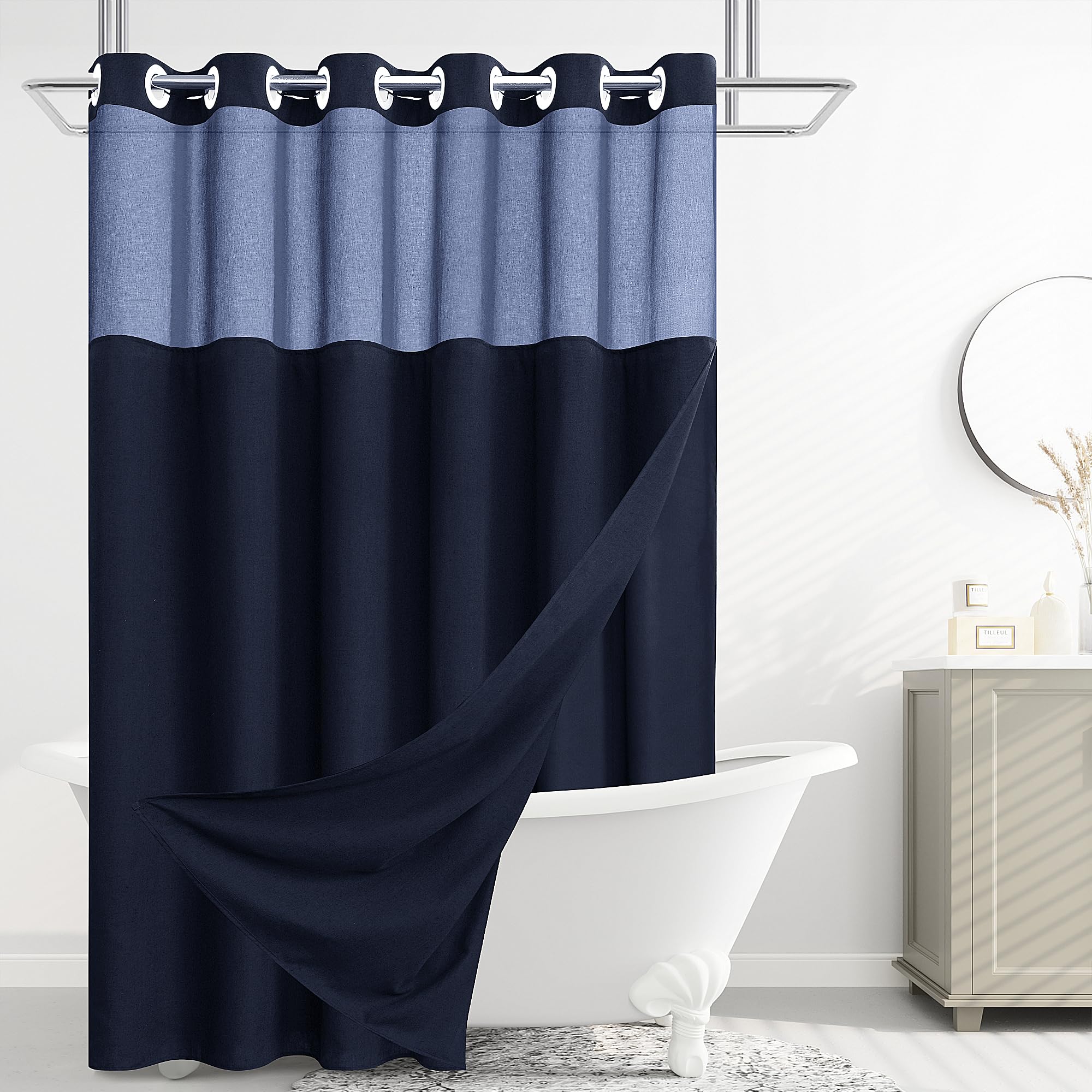 Jowels Extra Long No Hook Linen Cloth Shower Curtain With Snap In Liner Fabric, Split Design Shower Curtain, Navy Blue Shower Cu
