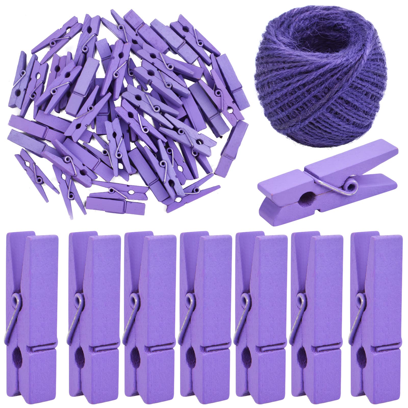 Bronagrand 50Pcs Purple Mini Wooden Pegs Pins Hardwood Photo Clips Clothespins Non Slip Laundry Pegs With 1 Roll Natural 50 M Ju