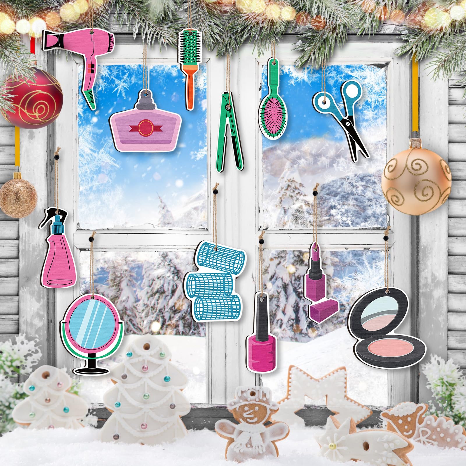 Vercraft 24 Pcs Hairdresser Ornaments Christmas Tree Hair Salon Barber Decorations Hairstylist Gifts Wooden Makeup Hanging Ornam