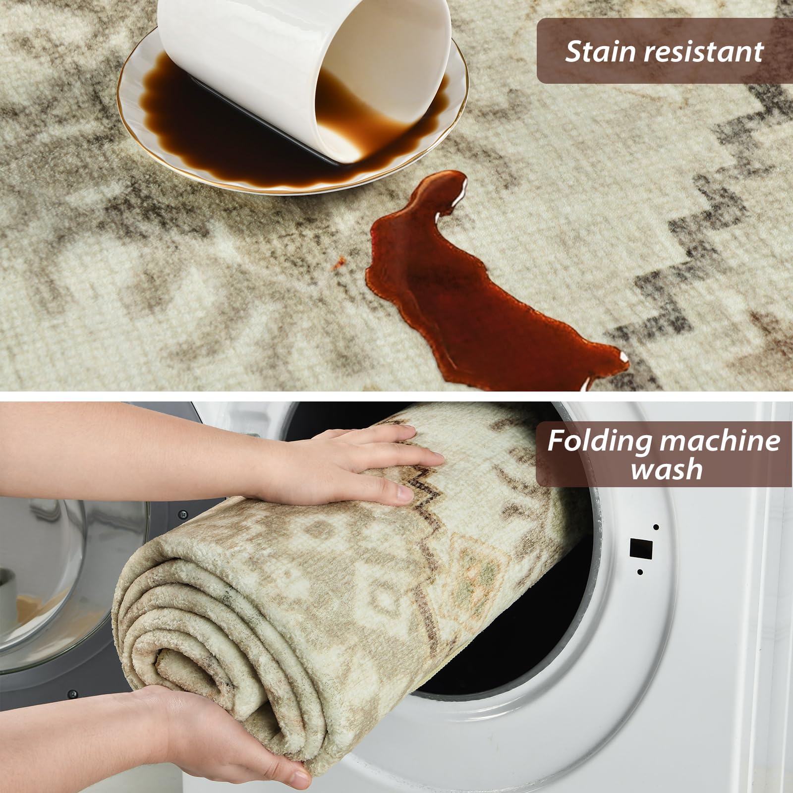 Washable Rug 4x6 Area Rug Beige Vintage Floral Print Nonslip Thin Foldable Carpet for Living Room Bedroom Kitchen and Bathroom T