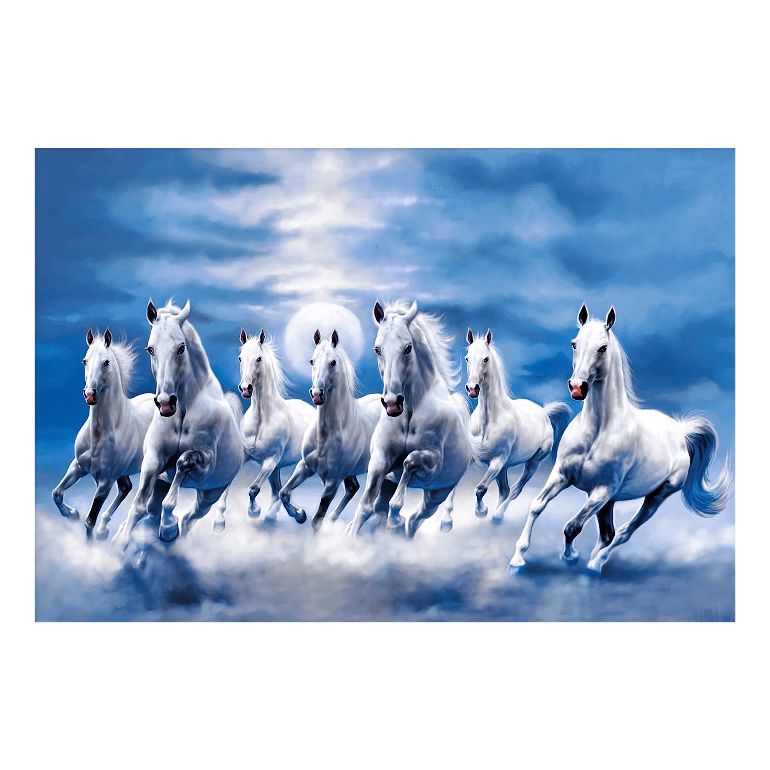 Clickedin Seven Lucky White Running Horses Painting with Blue Background According to Vastu Shastra Without frame Laminated High