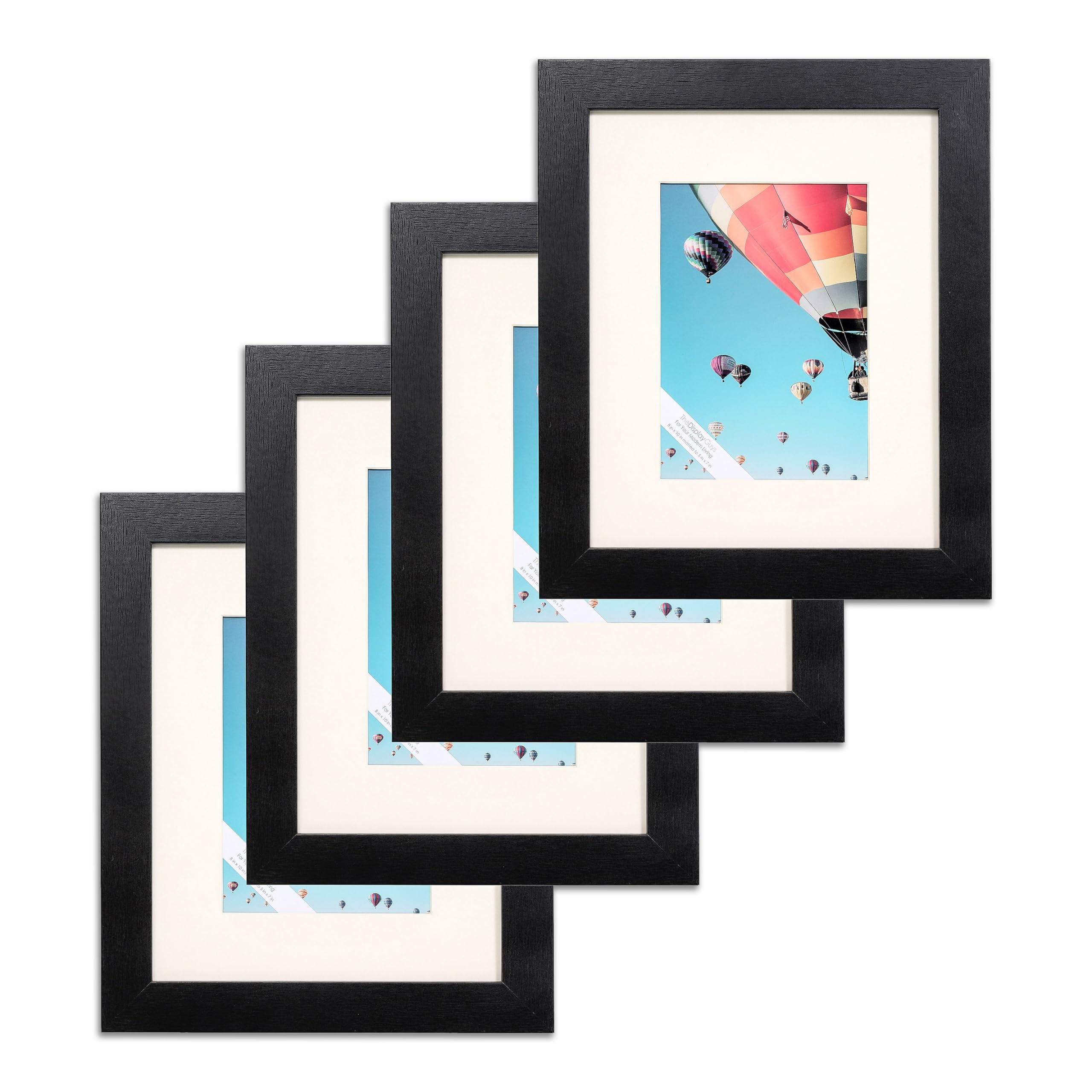 The Display Guys - Black Wooden Minimalist Picture Frames Set - Tempered Glass - 8x10 matted to 5x7 - Tabletop Easel - 4-Pack