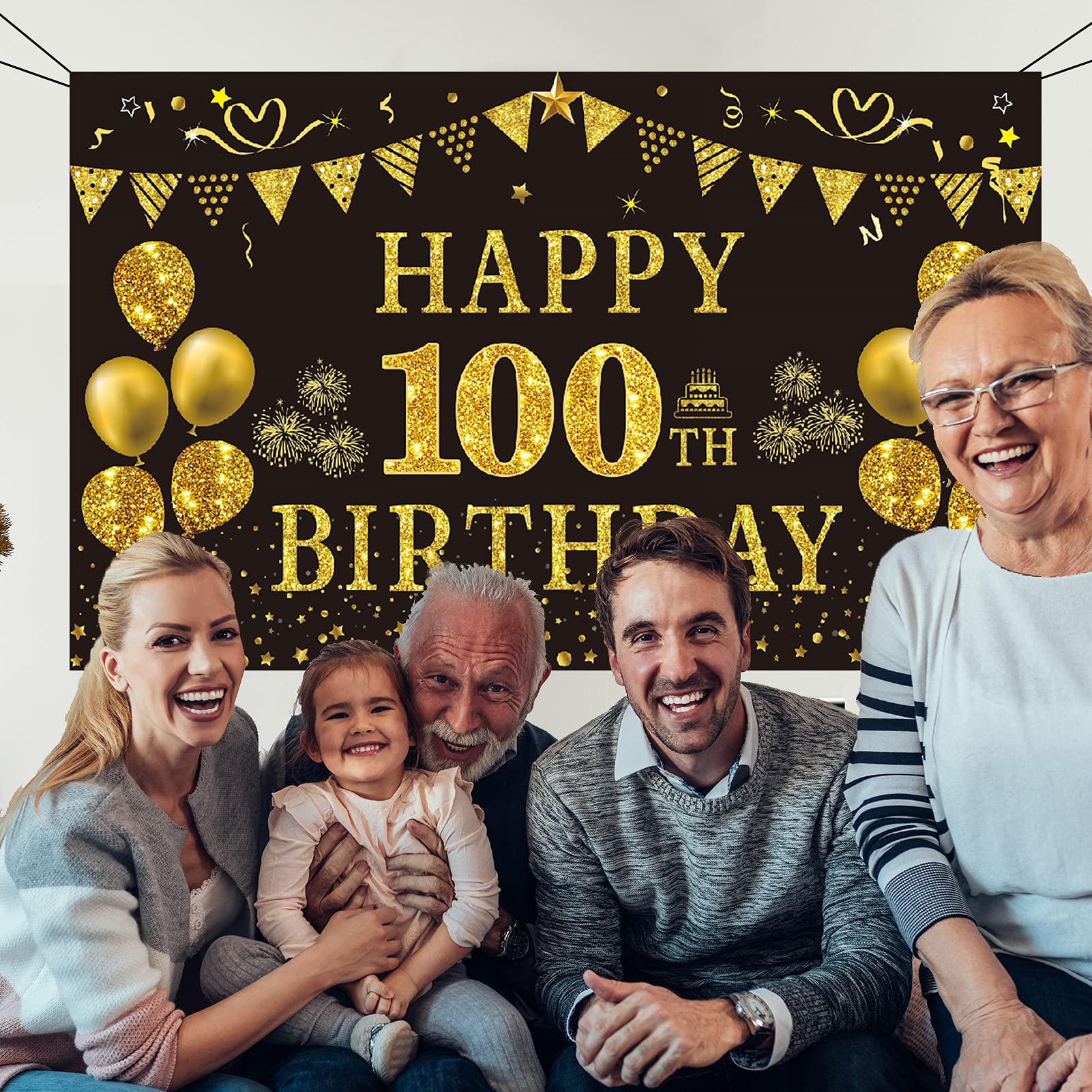 Trgowaul 100Th Birthday Decorations For Men Women - Black And Gold 100Th Birthday Backdrop Banner 5.9 X 3.6 Fts Happy 100Th Birt