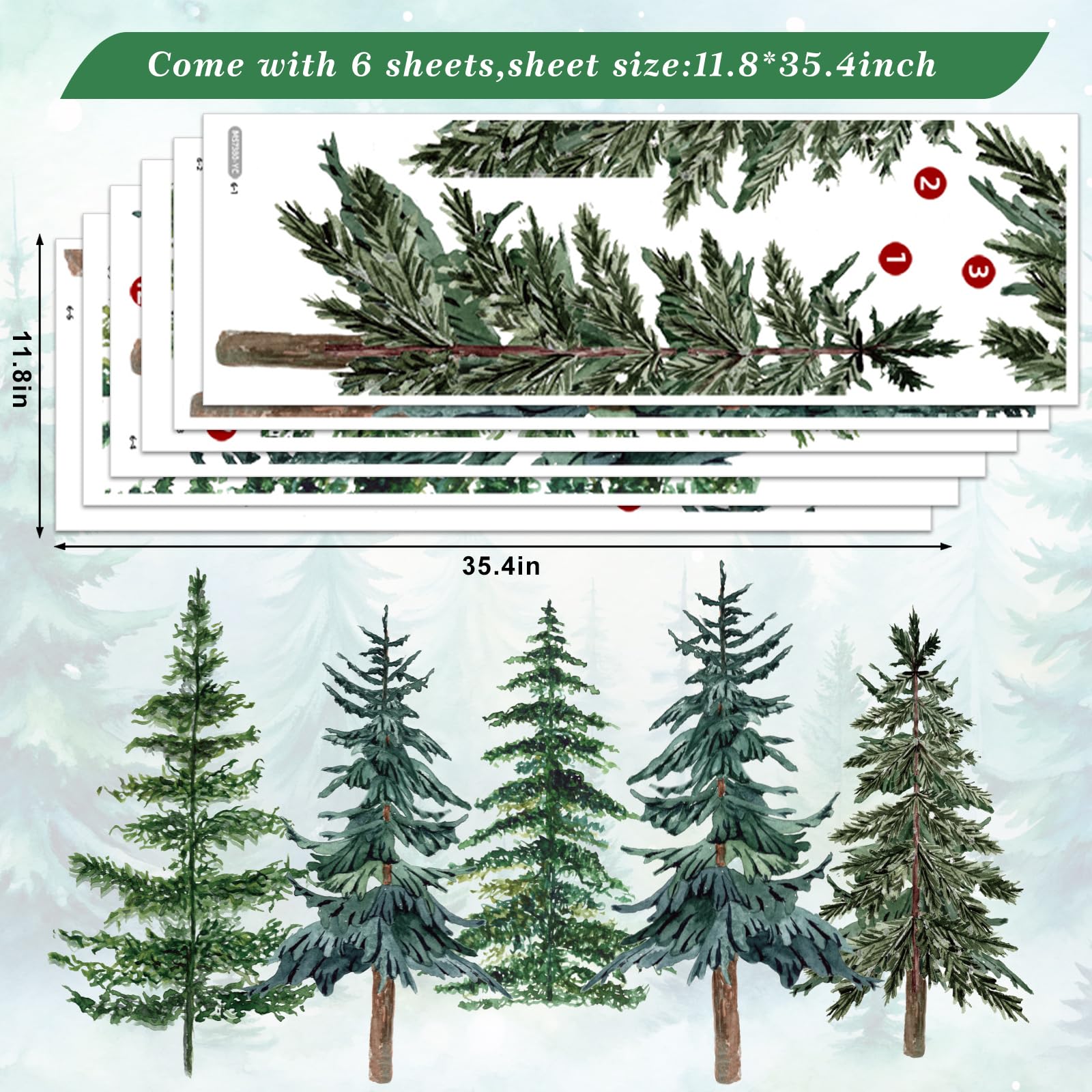 JarThenaAMCS 6 Rolls Christmas Watercolor Pine Tree Wall Stickers 35.4 x 71 Inch Forest Wall Decals Large Room Mural Stickers fo