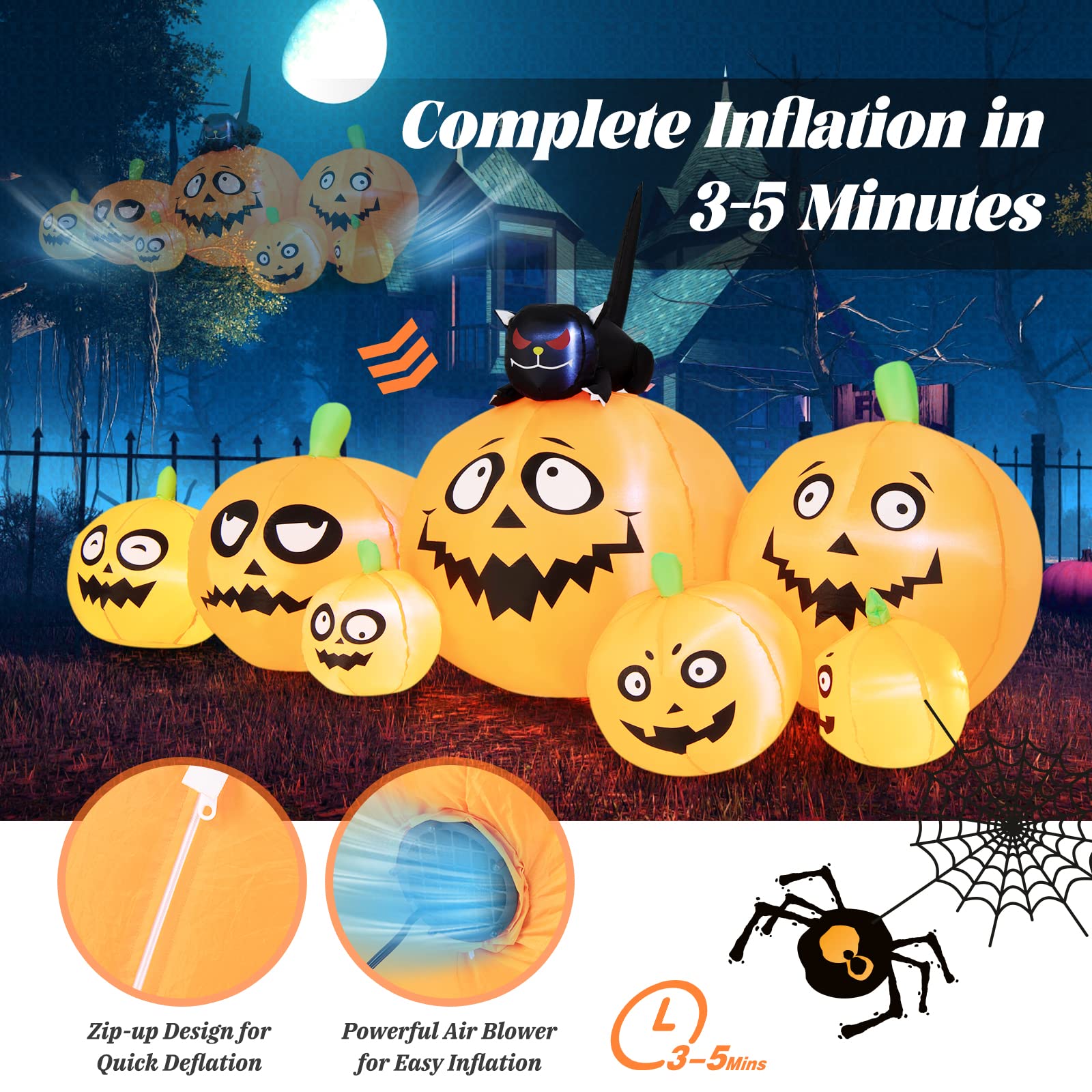 Tangkula 8 FT Halloween Inflatable Pumpkin Patch Lanterns with Witchs Cat, Blow Up 7 Pumpkins Family with Built-in LED Lights &