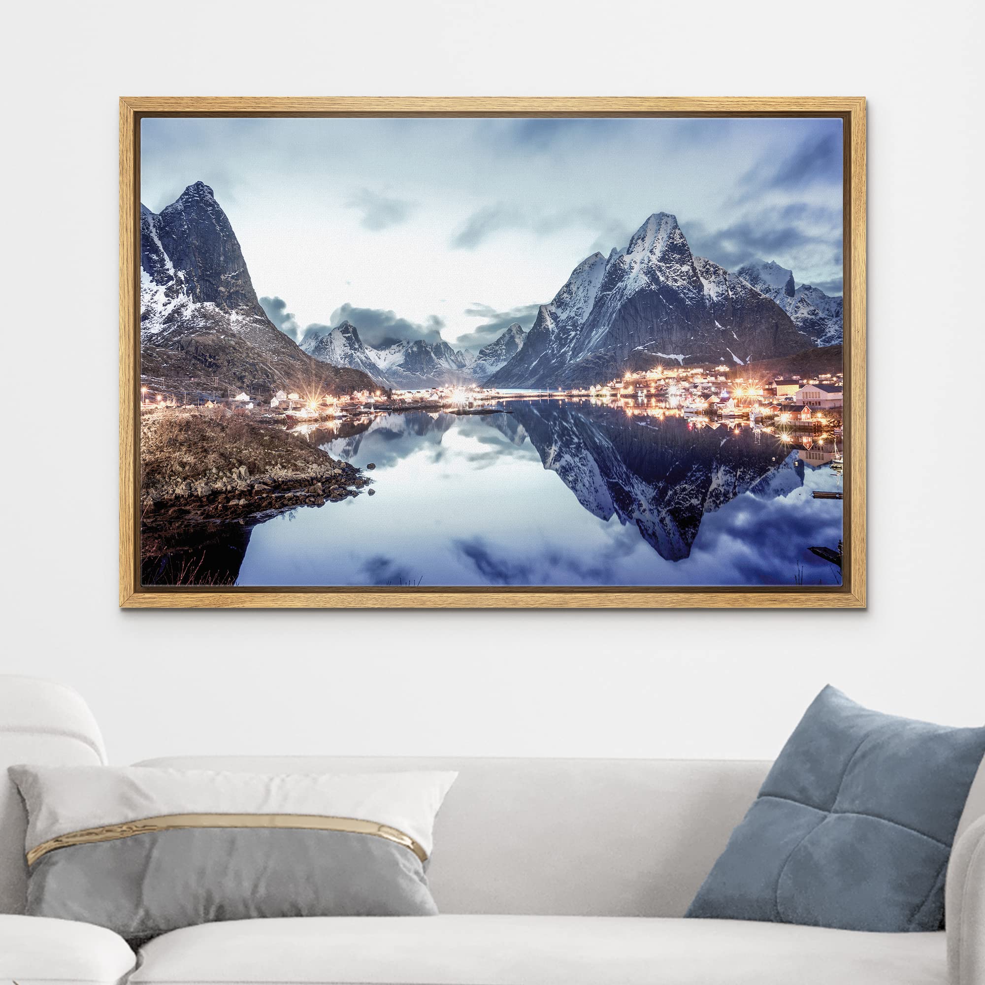 wall26 Framed Canvas Print Wall Art Winter Snow Mountain City Light Village Nature Wilderness Photography Realism Earth Scenery Scenic Landscape for Living Room  Bedroom  Offic - 16''x24'' Natural