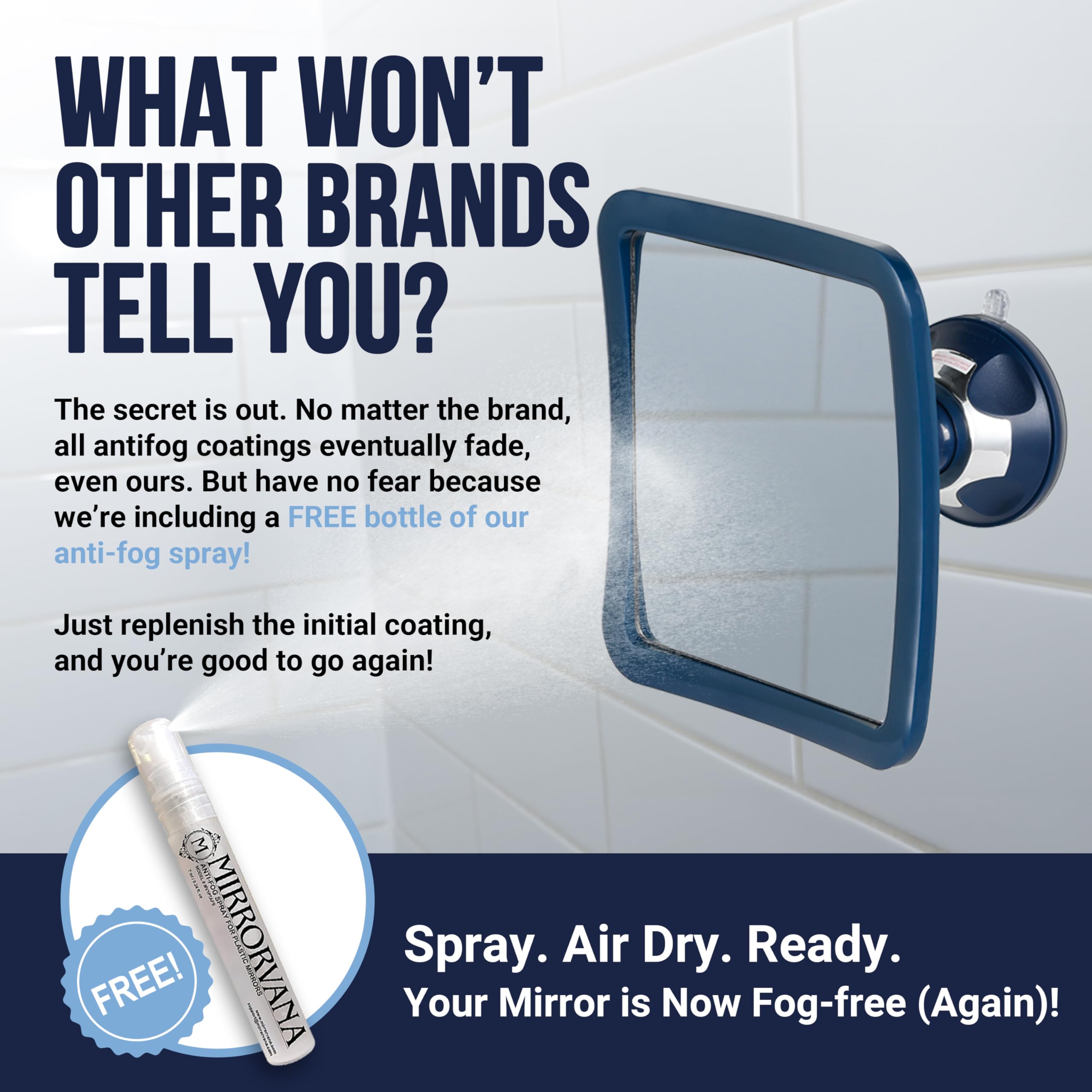 Mirrorvana Fogless Shower Mirror For Shaving With Upgraded Suction, Anti Fog Shatterproof Surface And 360 Swivel, 6.3'' X 6.3''